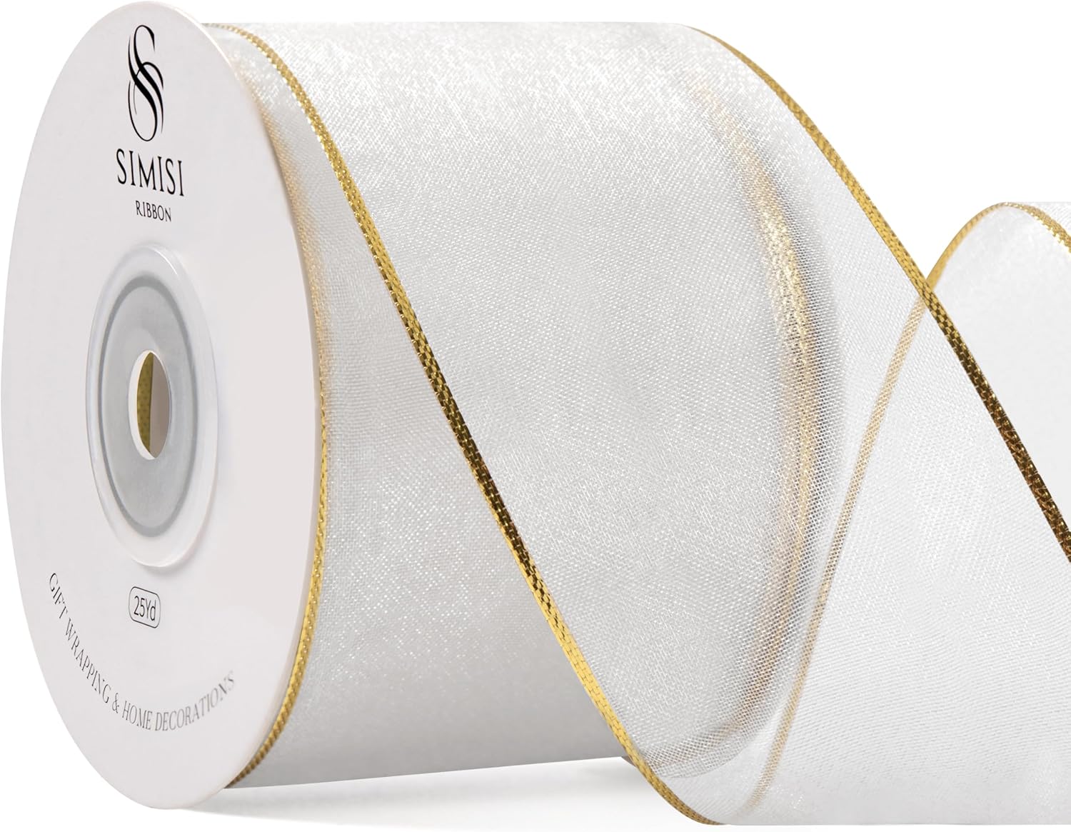 White Christmas Ribbon Wired Sheer Organza Ribbon with Gold Sliver Border for Christmas Tree, 2.5 Inch 25 Yards