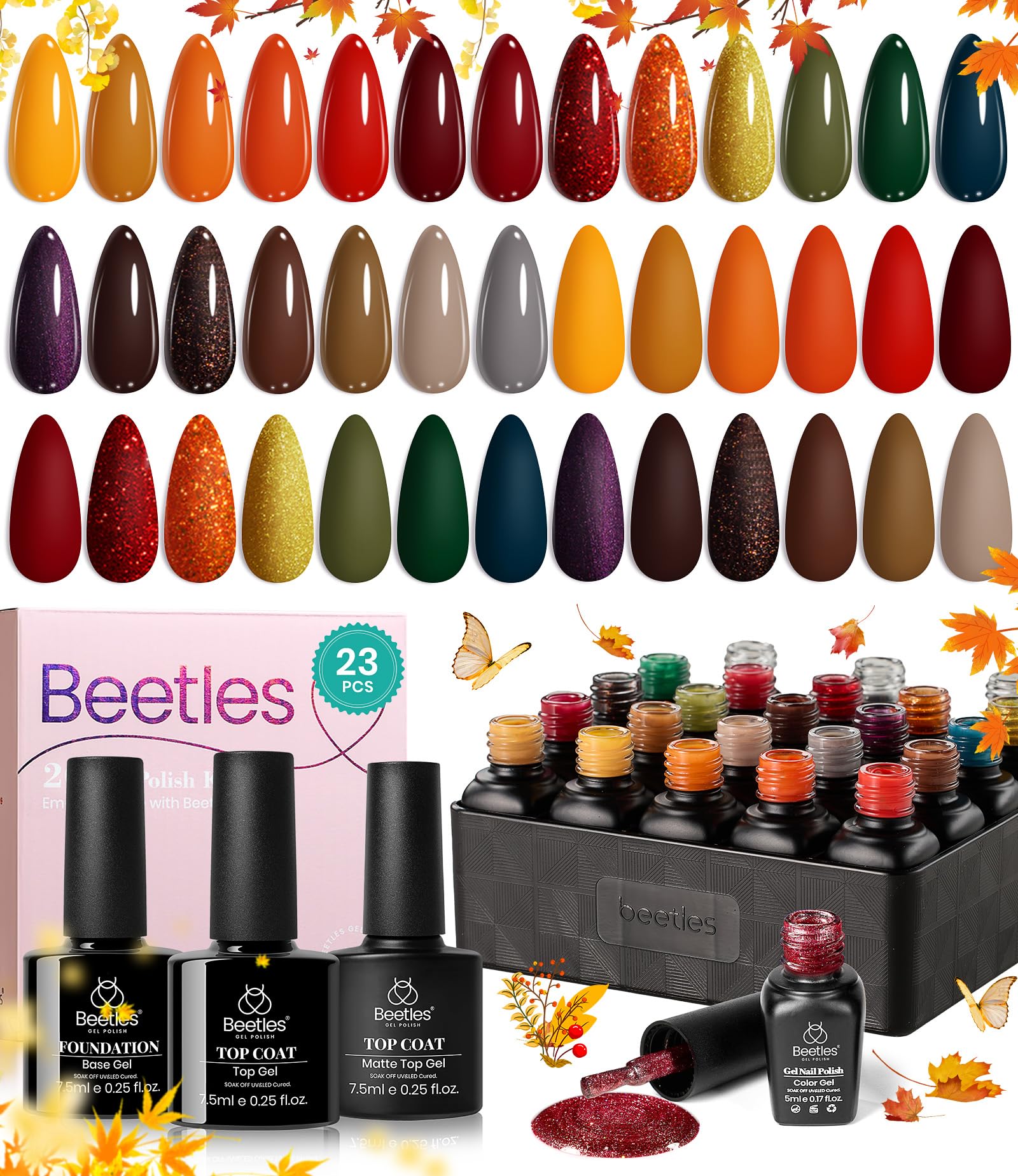 beetles Gel Polish Cozy Campfire Shade Collection - Fall Nail Fest Fall Gel Nail Polish Set, 20 Colors Autumn Orange Yellow Green Brown Red Shades UV LED Cured Soak Off DIY Manicure Gift for Girl