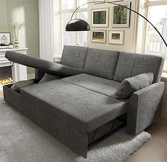 PaPaJet Sofa Bed, Sleeper Sofa with Storage Chaise, L Shaped Sofa with Pull Out Bed, Oversized Sofas for Living Room, Grey