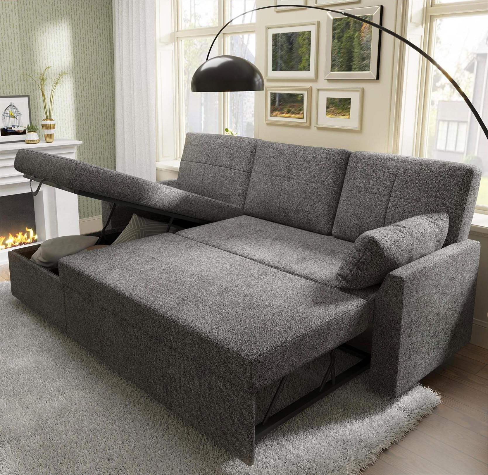 PaPaJet Sofa Bed, Sleeper Sofa with Storage Chaise, L Shaped Sofa with Pull Out Bed, Oversized Sofas for Living Room, Grey