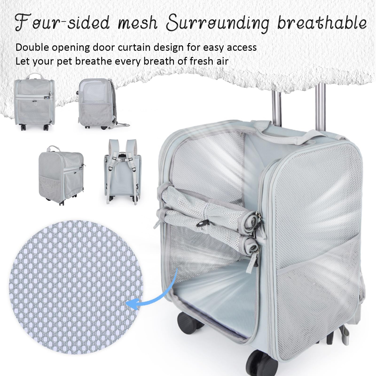 Transportin Gato con Ruedas, Mochila con Carrito para Mascotas, Transportin Gatos Perros De Menos De 8KG con Ruedas Y Varilla Telescópica, Bolsa Transporte De Viaje Transpirable