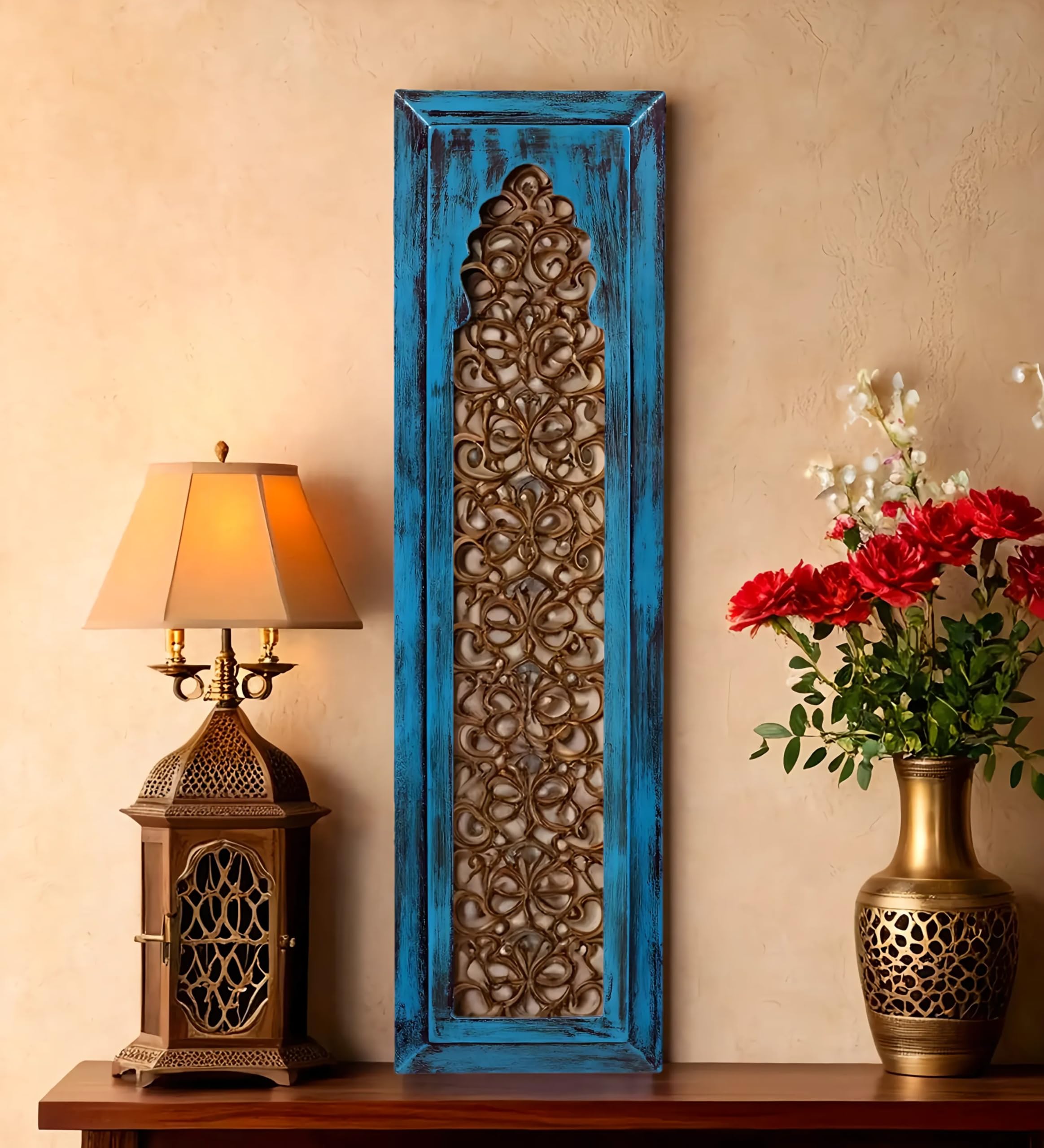 CRAFT TREE MDF Wall Hanging Jharokha Frame | Hand-Carved Decorative Window Frame | Vintage Home & Office Décor | Light Blue-picture-39