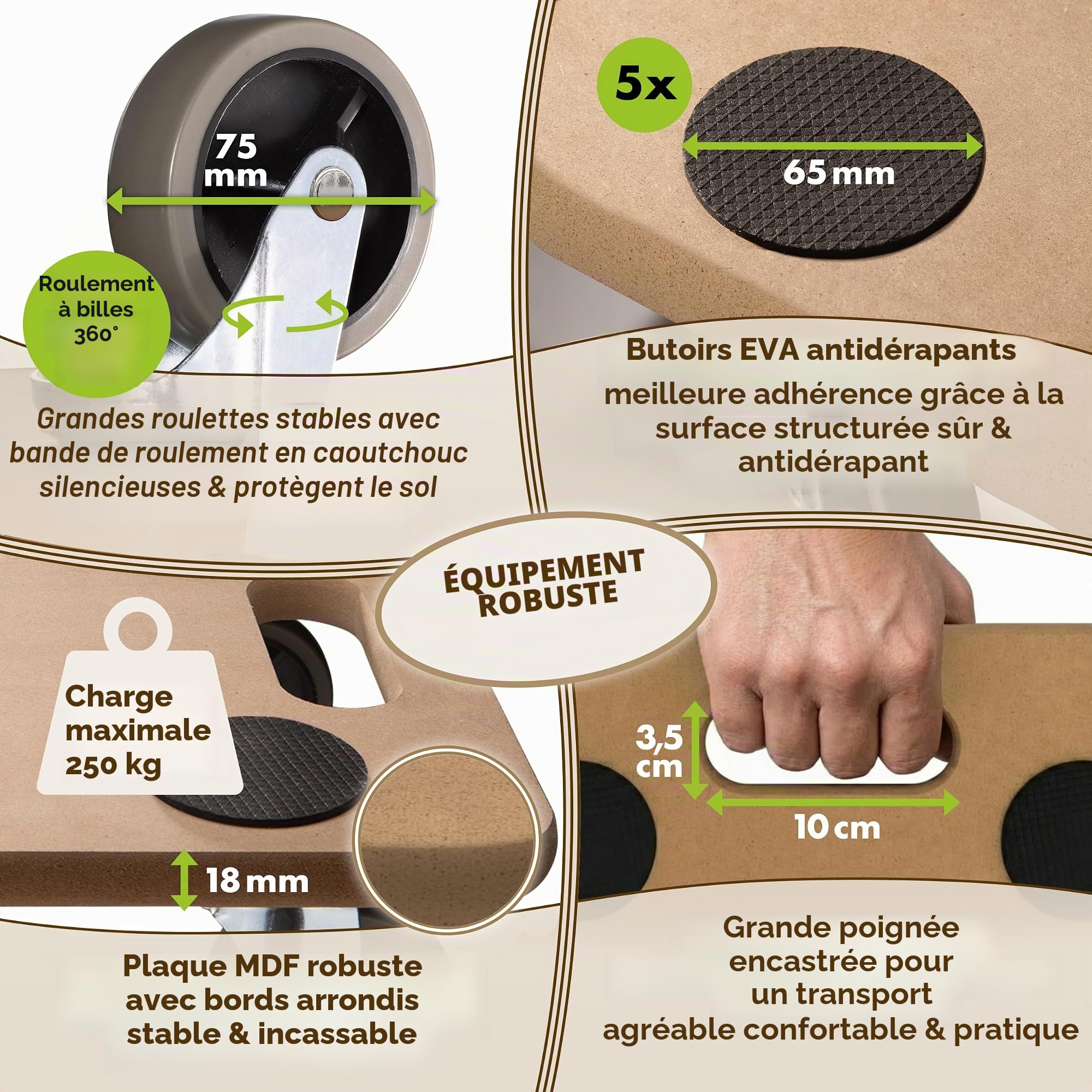 TTL HOME Scooter pour meubles 58x30x11 cm - Capacité de charge 250 kg Planche à roulettes & Chariot de transport avec roues en caoutchouc pivotantes à 360° & 5 patins antidérapants - Chariot robuste