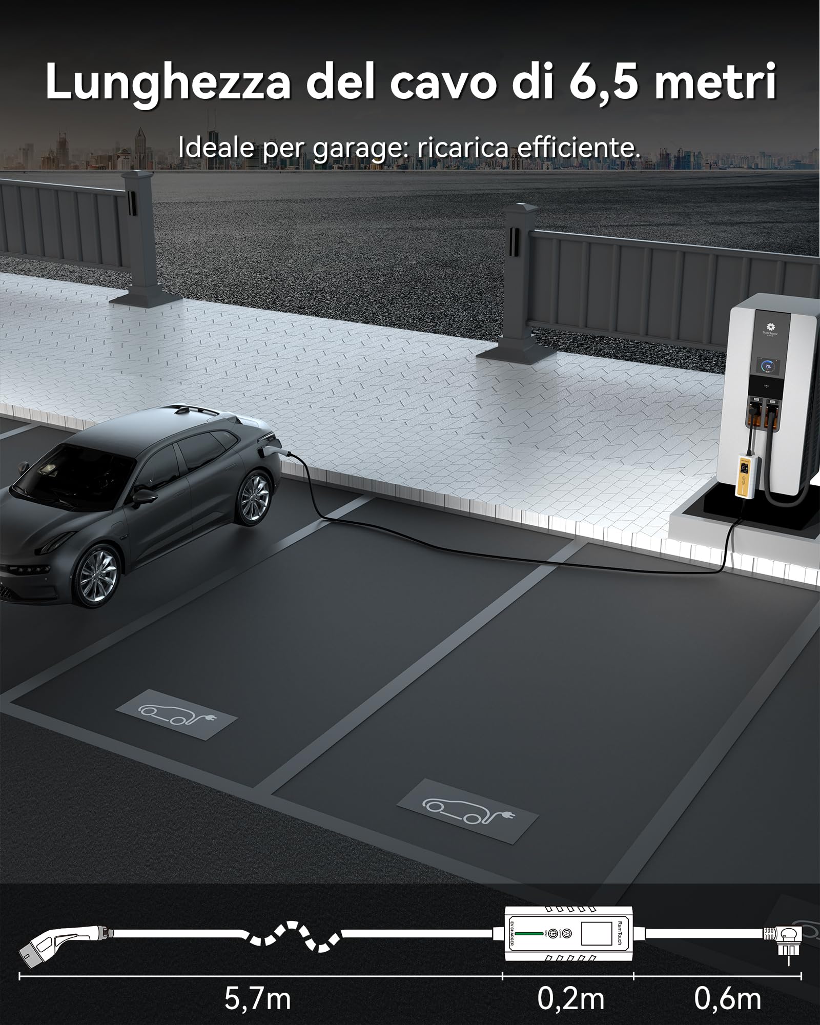 Caricabatteria da Auto Elettrico (3,7 KW, 6,5 m, Tipo 2, Schuko) - Cavo di Ricarica con amperaggio Regolabile 6A-16A, Ricarica ritardata e Programmata, terminale di Ricarica Mobile per EV e