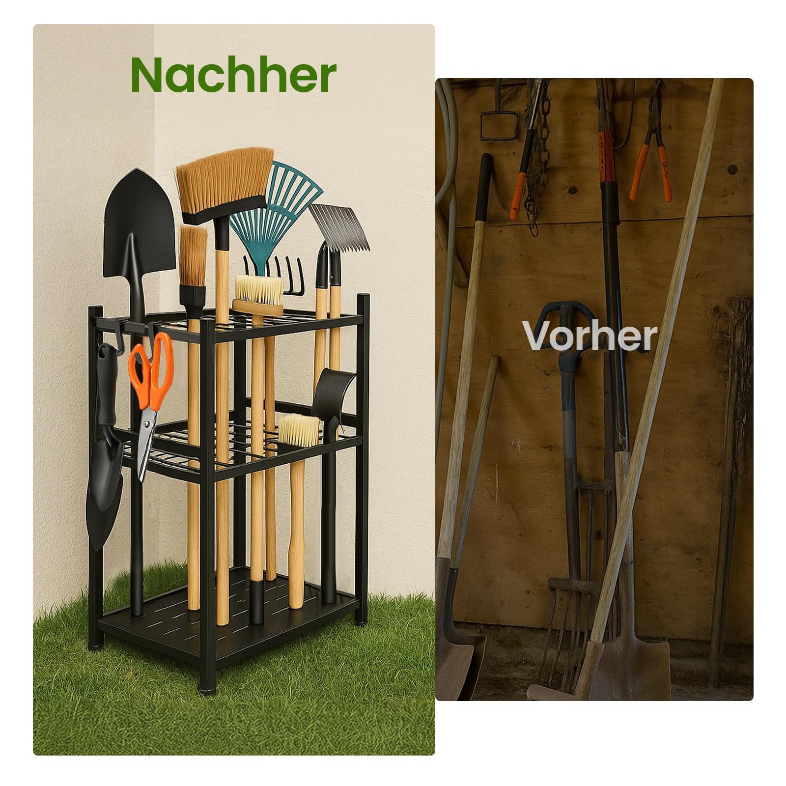 Gartenwerkzeug-Ständer aus Metall – Platz für 35 Werkzeuge, Höhenverstellbar & Kompakt | Ordnungssystem für Garage, Schuppen & Garten | Mit Haken für Rechen, Besen & mehr | Robuster Schwarzer Werkzeu