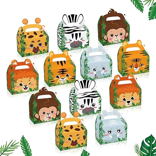 Miniatura 8 de Caja de regalo de 12 piezas de animales de la selva, cajas de regalo de golosinas con asa, papel kraft con temática de animales para niños,