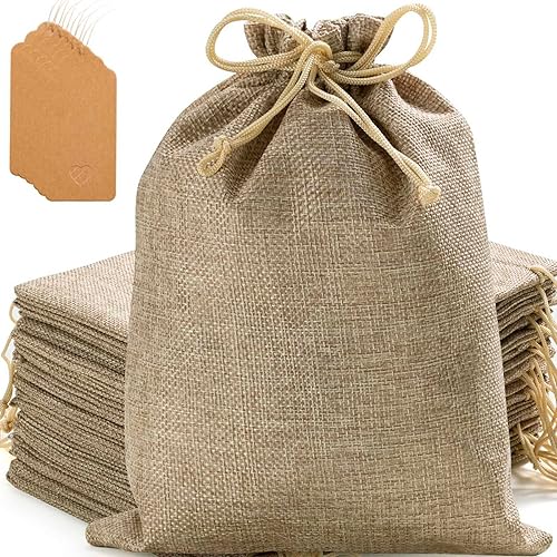 Homum Bolsas de regalo de arpillera prémium con cordón, etiquetas de regalo y cuerda, bolsas de regalo reutilizables, bolsas de arpillera, bolsa de