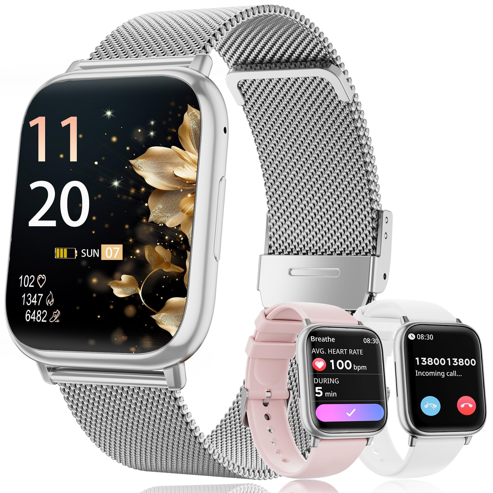 Smartwatch donna, 1,83" Orologio bluetooth con Effettua/Risposta Chiamate,113+Sportive Smart watch Contapassi/24H Cardiofrequenzimetro/Sonno/SpO2, IP68 Fitness Tracker per Android iOS(Argento)