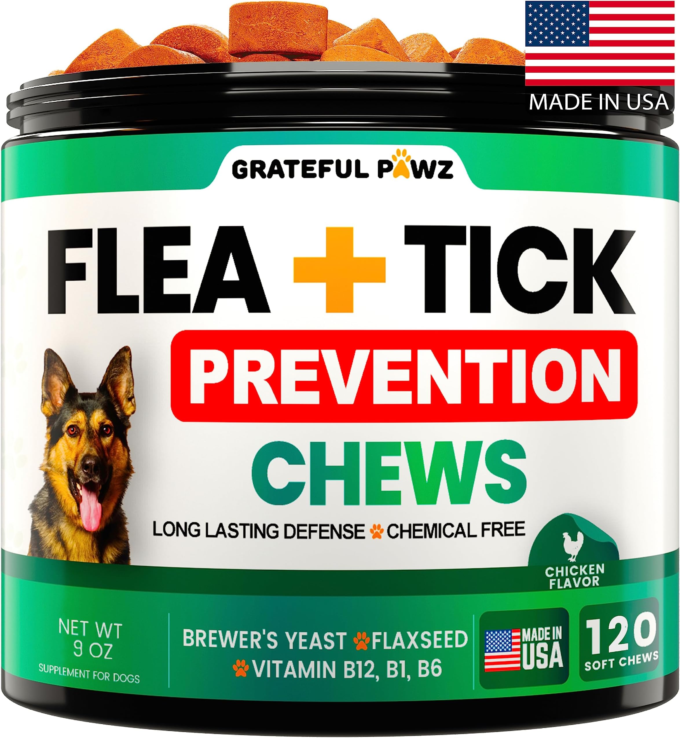 Flea and Tick Prevention for Dogs Chewables - Made in USA - Natural Flea and Tick Chews Supplement - Oral Pills for Dogs - Pest Defense - All Breeds and Ages - 120 Soft Tablets