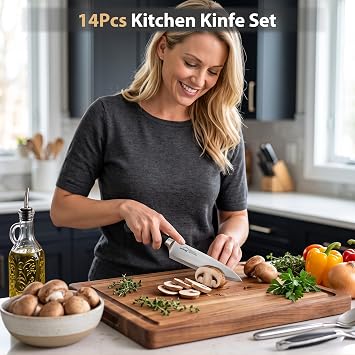 Knife Set, Amorston 14-Piece Kitchen Knives Set with Block & Sharpening Stone, Stainless Steel Dishwasher Safe, Knife Block Set with Ergonomic Handle, Professional Kitchen Knives for Home Cooking