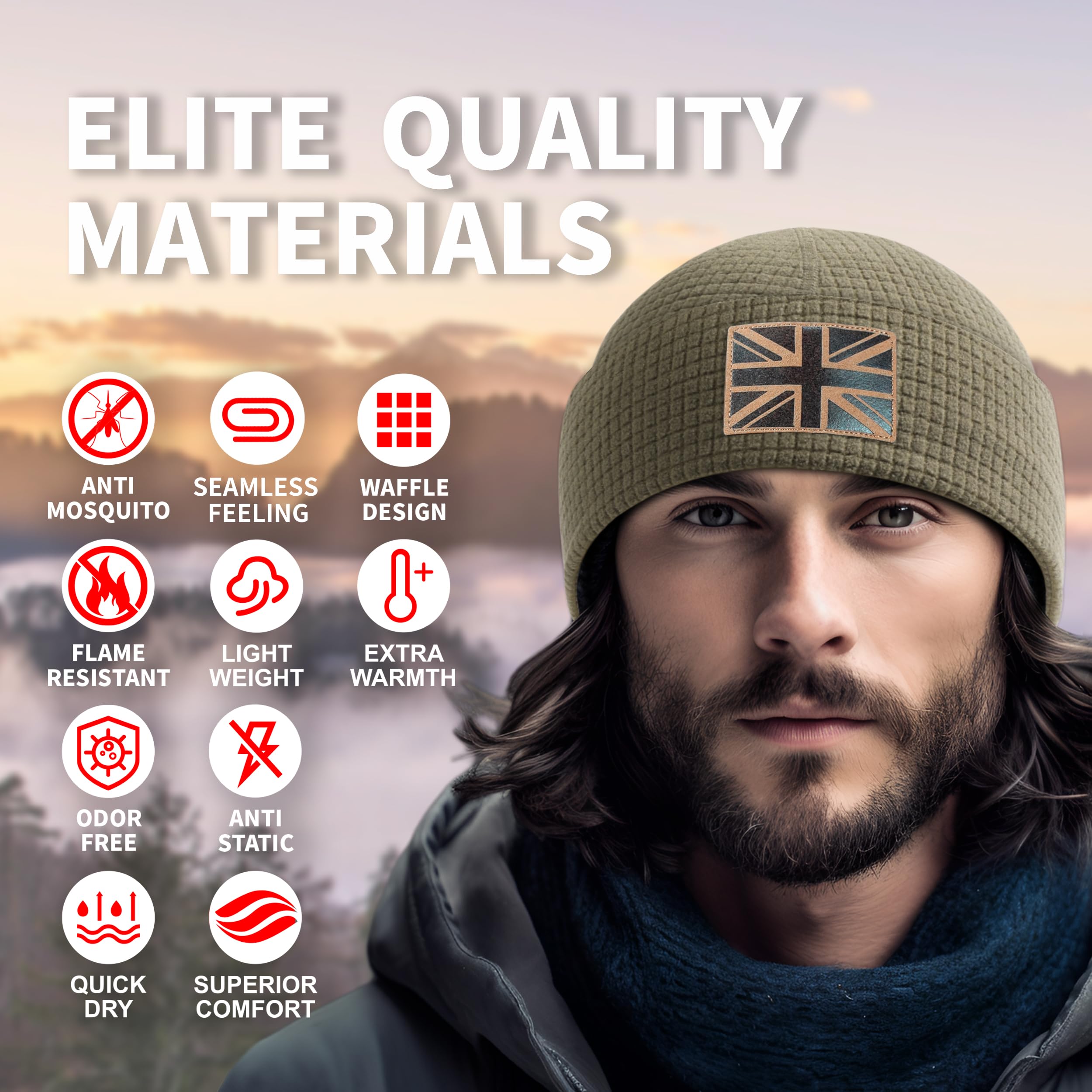 Outdoor Shaping Leather UK Flag Patch, Grid Fleece Cuffed Beanie Waffle Knit, Tactical Army Military Skull Cap Warm, Unisex Navy Hat One Size, Outdoor Hiking Travel Daily Wear