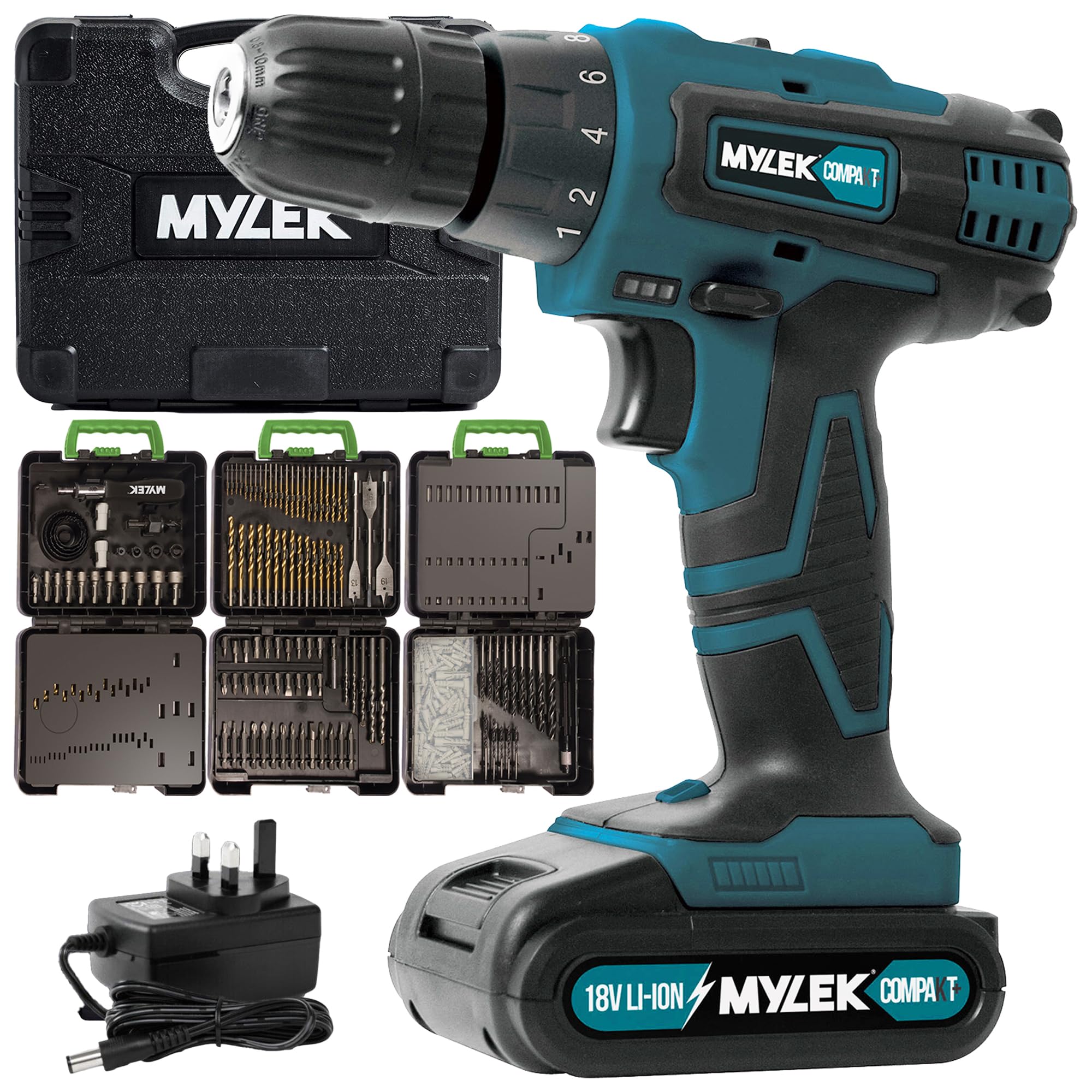 MYLEK 18V Cordless Drill - 2 Speed, 28Nm Torque, 204 Piece Accessory Kit with Carry Case - Green