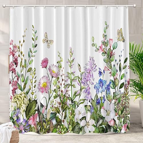 Batmerry Cortina de ducha decorativa botánica con hojas blancas, flores románticas, borde victoriano, libélula y flores silvestres, bonita y ancha