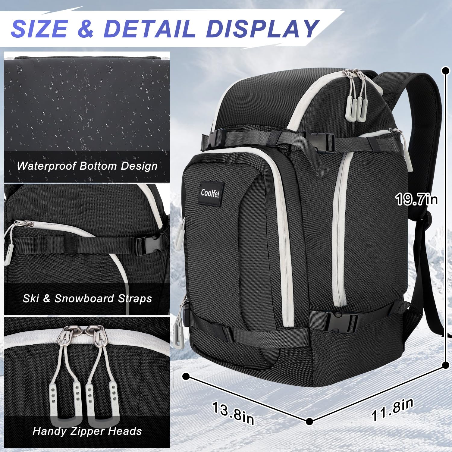 Coolfel Borsa per Scarponi da Sci con Scomparto per Casco, 50L Zaino da Sci Snowboard Pattini a Rotelle, Borsa da Sci Impermeabile per Casco, Giacca, Occhiali, Guanti