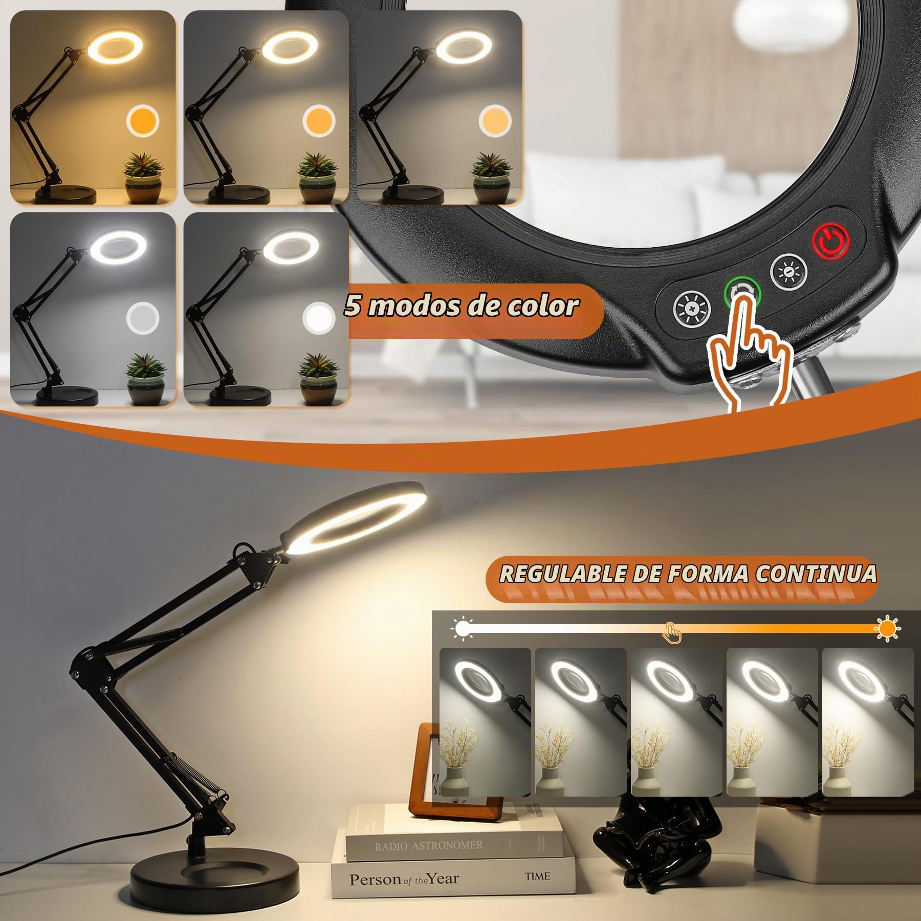 Veemagni 12X Lupa con Luz, 5 Modos de Color Regulable sin Escalonamientos, 2 en 1 Lámpara de Aumento y Pinza, Lupa con Luz LED y Soporte, Lámpara de Escritorio para Lectura Reparación Trabajo Manual