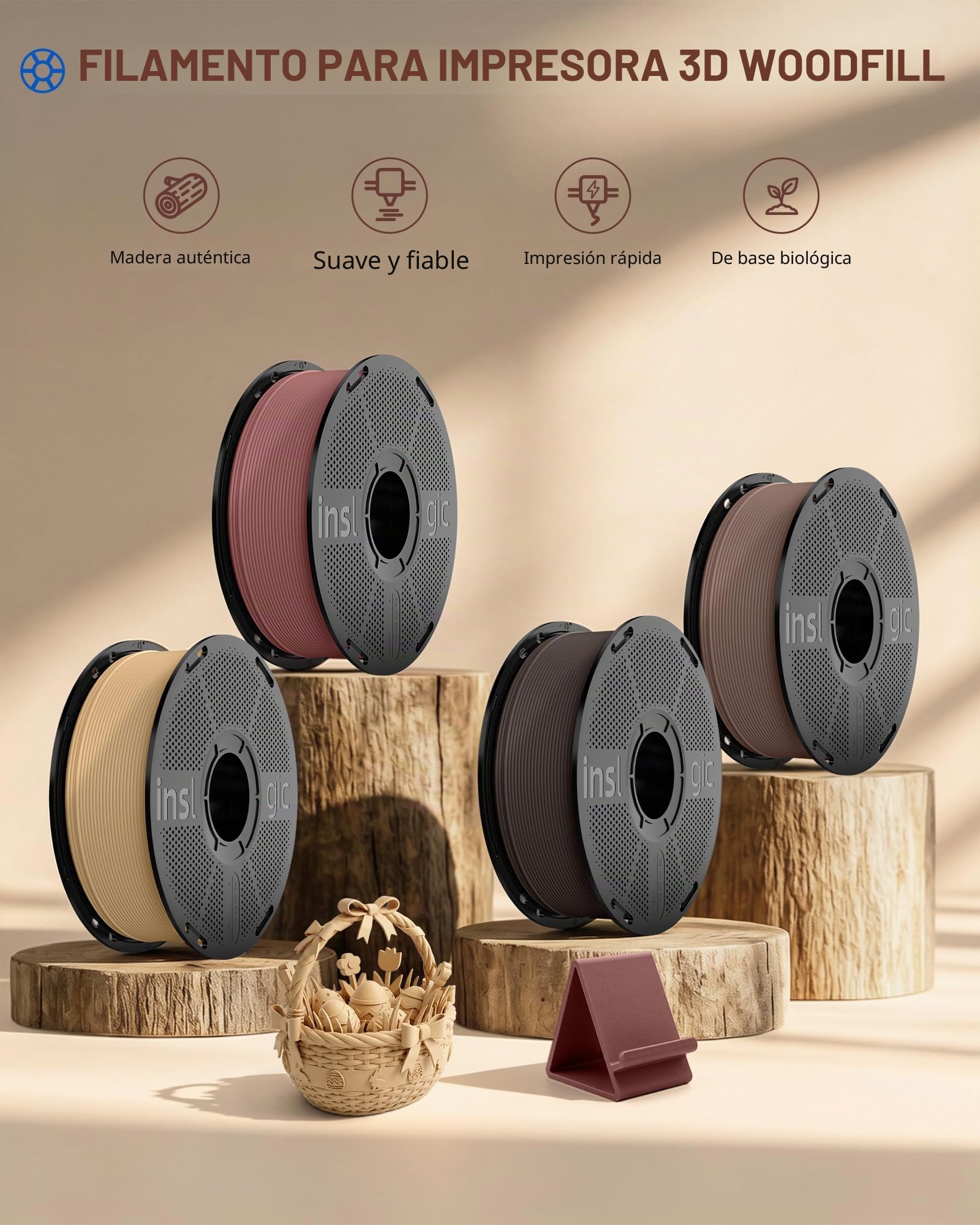 Inslogic Filamento WoodFill PLA 1,75 mm para Impresora 3D, Paquete Multicolor de 4 kg, Textura Real de Madera, compatible con la mayoría de las impresoras FDM 3D (Arce+Madera Natural+Nogal+Cerezo)