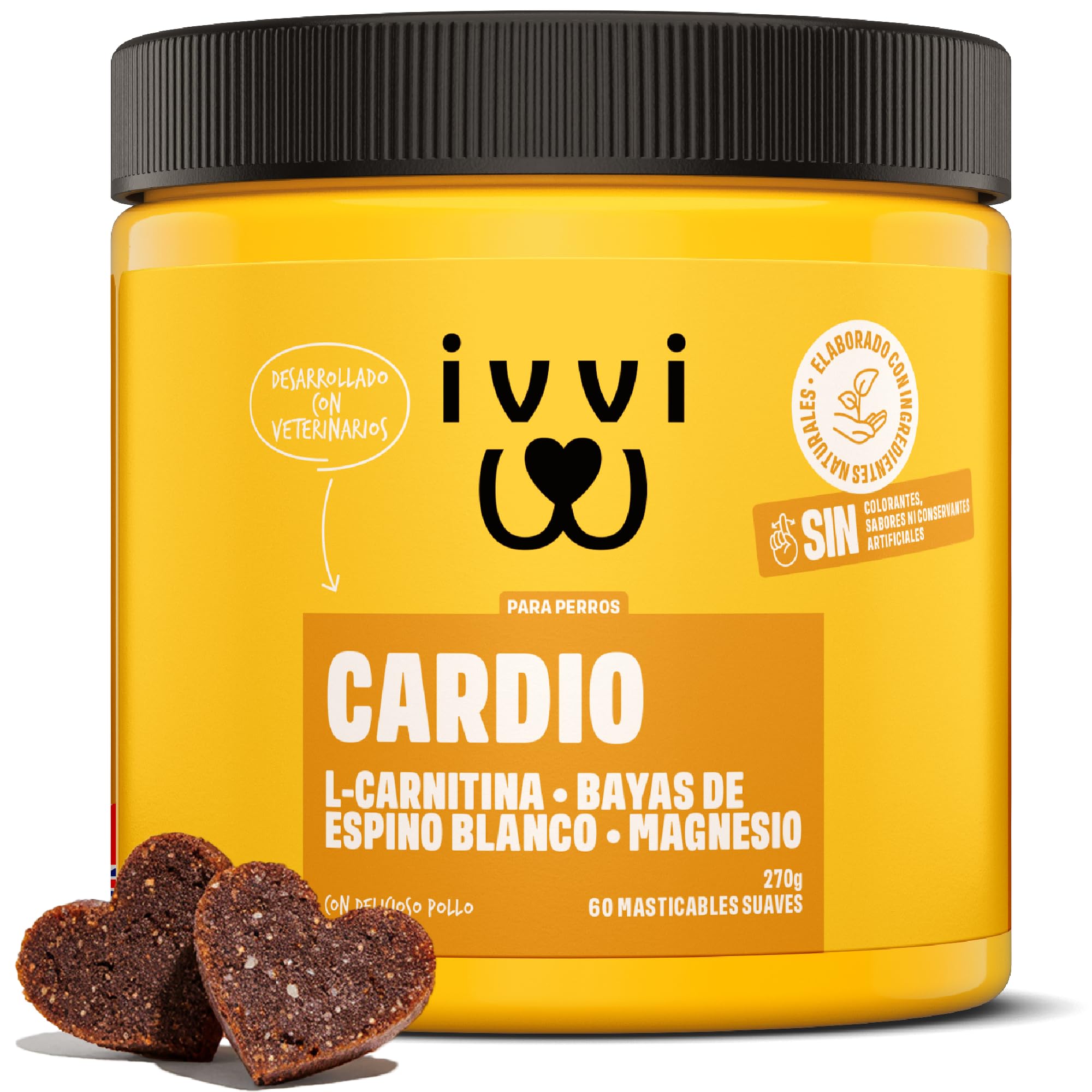 ivvi Cardio para Perros – 60 Snacks Blandos con L-carnitina, taurina, L-arginina, magnesio, Aceite de salmón, Bayas de espino Blanco y Granada – función cardíaca, energía y vitalidad – con Pollo