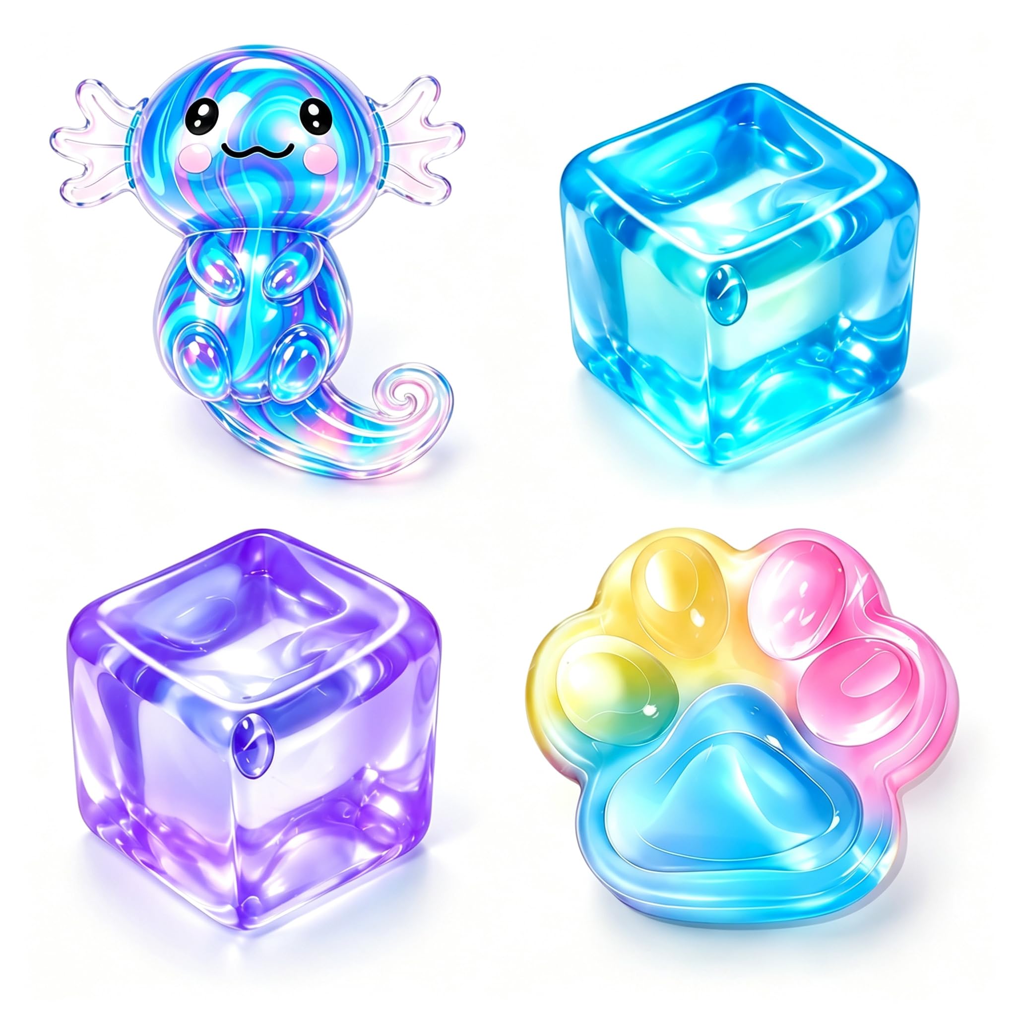 4Pcs Squishy Set, Cube Axolotl Cat Paw Squishy Fidget, Stress Relief Sensory Play Fidget Gifts