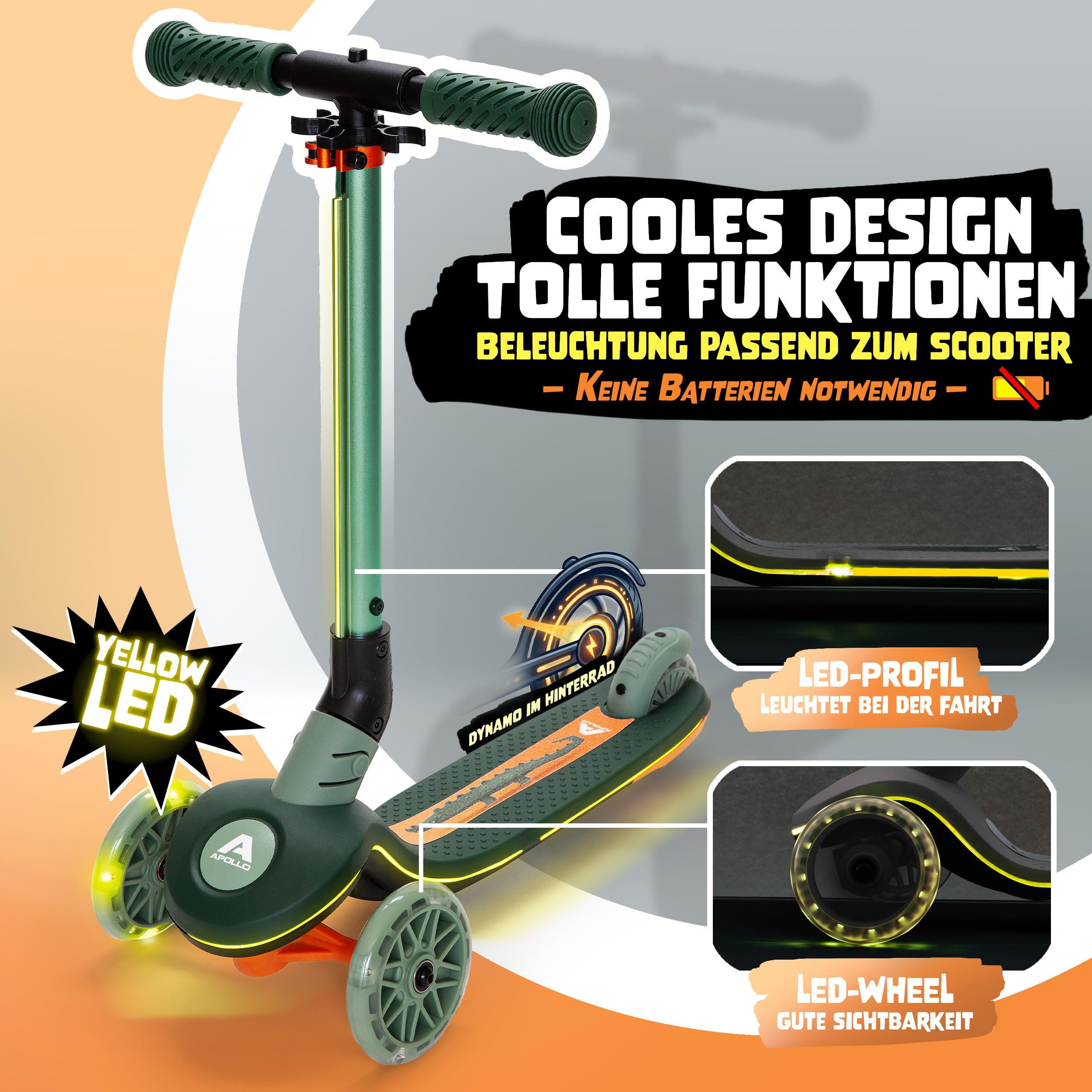 Apollo Whizzie LED Kinderroller, klappbarer Kinder Scooter, höhenverstellbarer Dreiradscooter für Kinder ab 3 Jahre, LED-Effekt in Rollen, Lenker und Deck, 3-Rad Roller im coolen Design