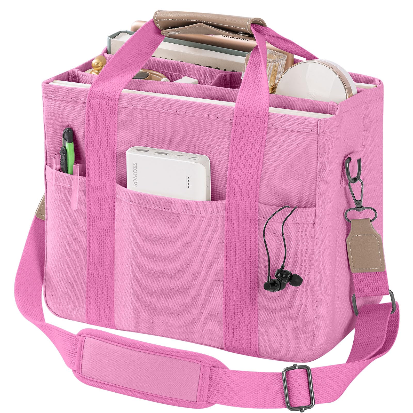 JIECH Canvas Tote Bag with Multi Pockets Crossbody Tote Bag for Women Bible Handbag Everything Tote Bags with Compartments