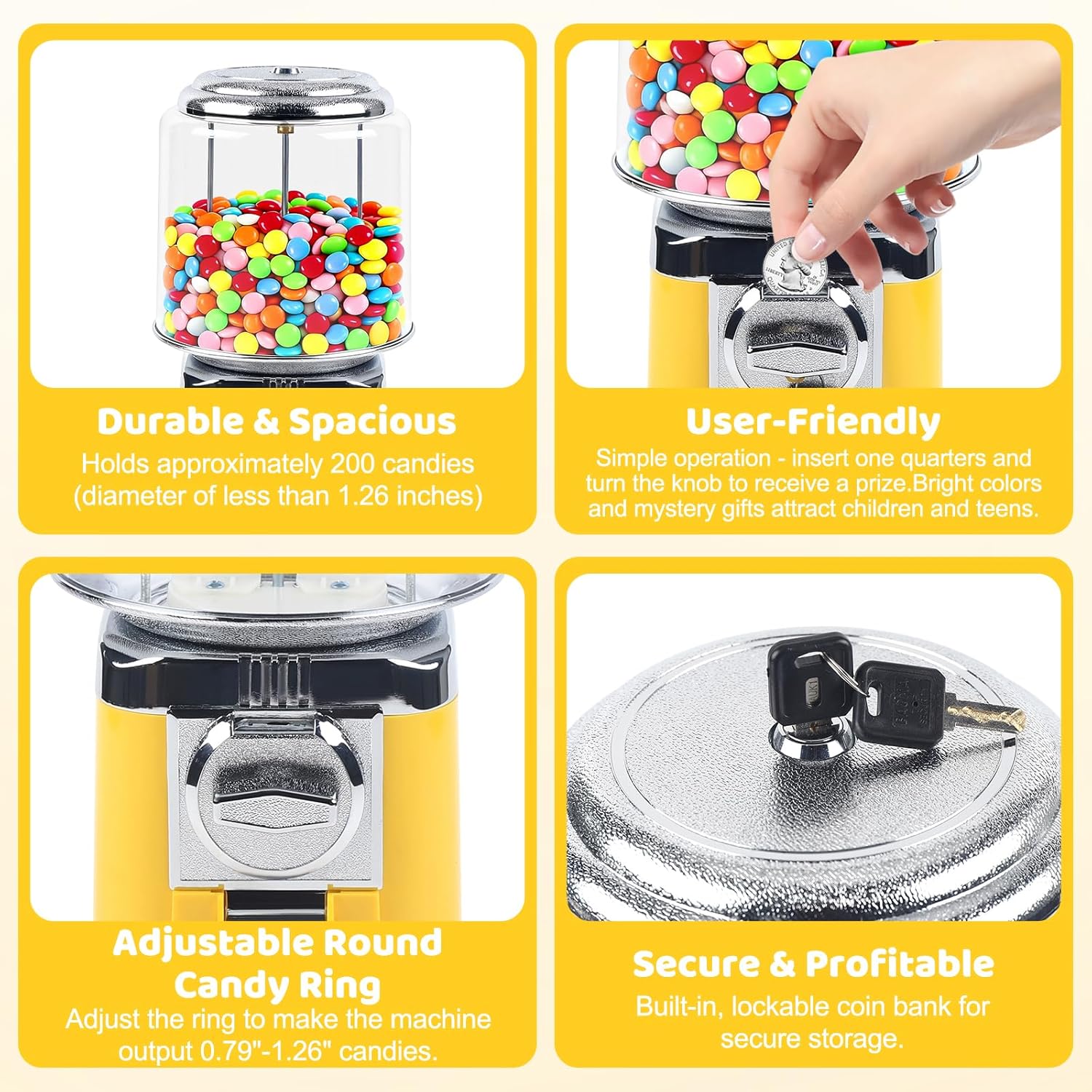 Candy Gumball Vending Machine, Commercial Candy Dispenser Machine, Automatic Candy Gumball Dispenser Machine for Home & Gaming Stores(only $0.25) (Yellow)