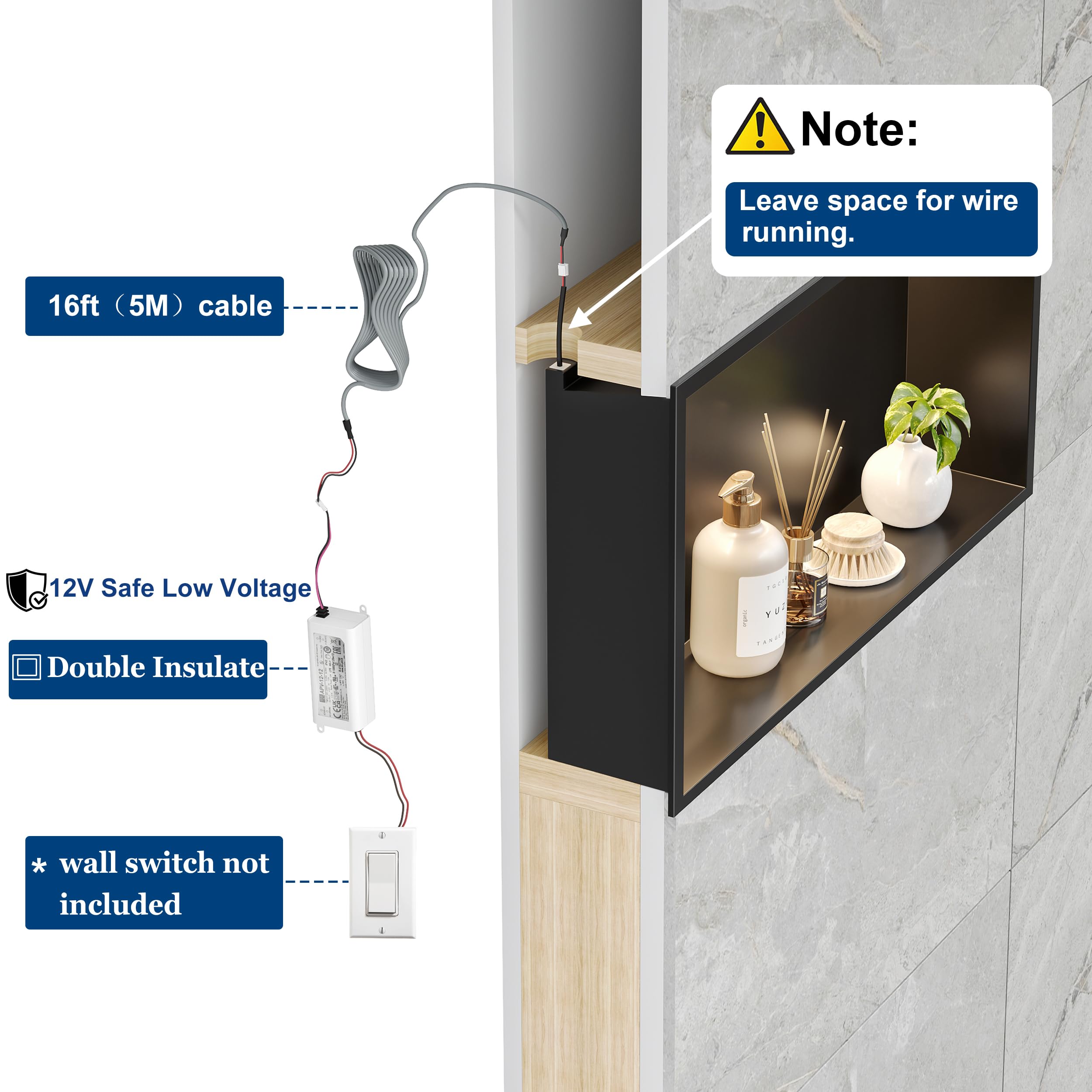 Niche De Douche LED Neodrain Inox 18x12" - Brossé - Avec Bande Lumineuse - NEUF