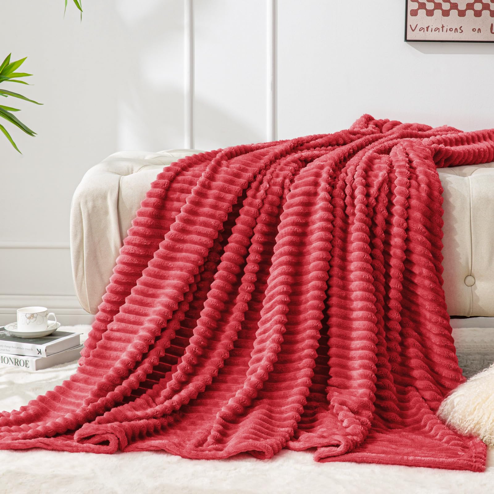 BEDELITE 3D Ribbed Jacquard Red Fleece Throw Blanket for Couch, 50x70 Inch | Soft Warm Decorative Fluffy Blanket, Cozy Plush Lightweight Fuzzy Throw Blanket for Bed Sofa Home Room Decor, Gift for Women