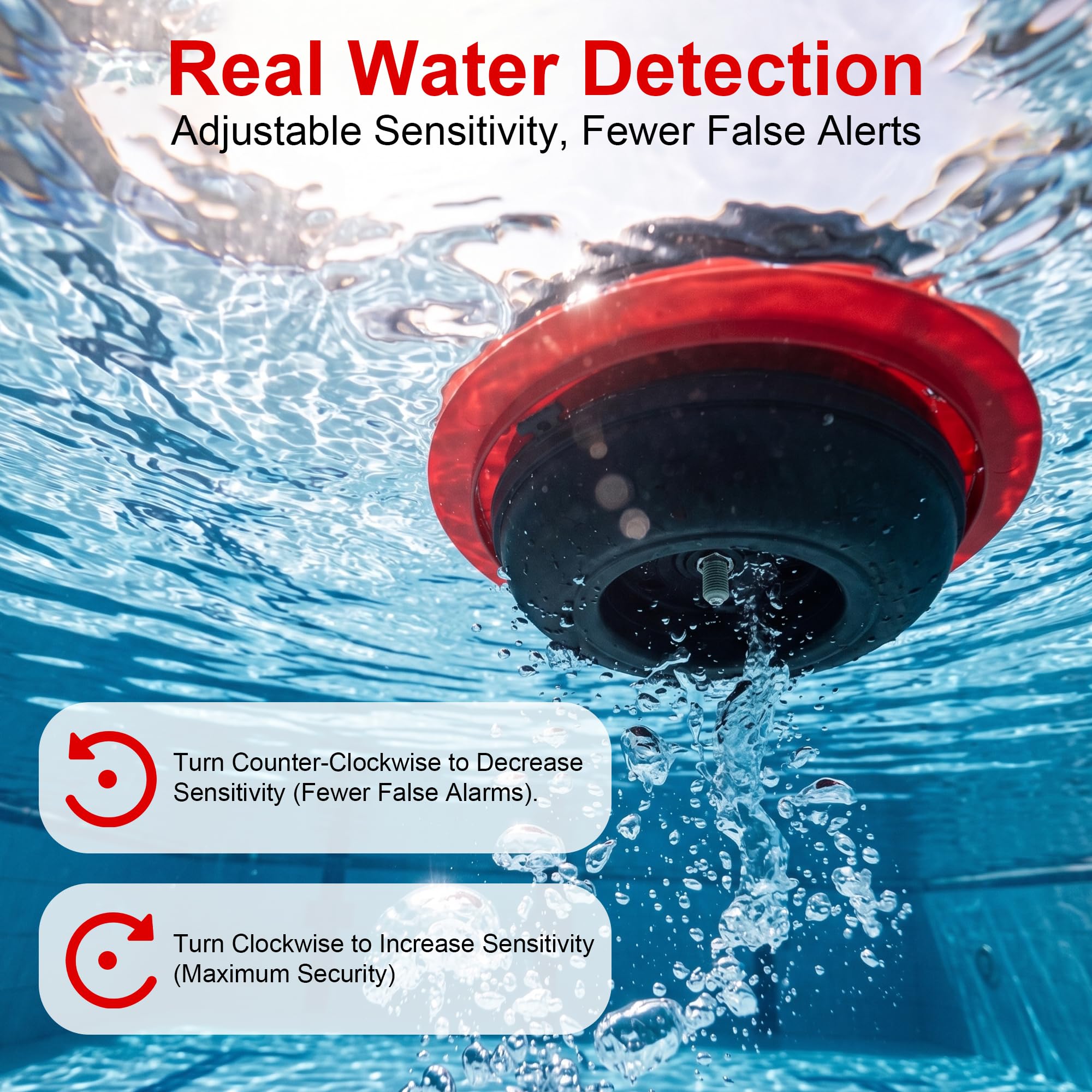 Allarme per piscina, allarme di sicurezza per piscine interrate e fuori terra, sensibilità regolabile, allarme 85 dB+, protezione per bambini e animali domestici (rosso)