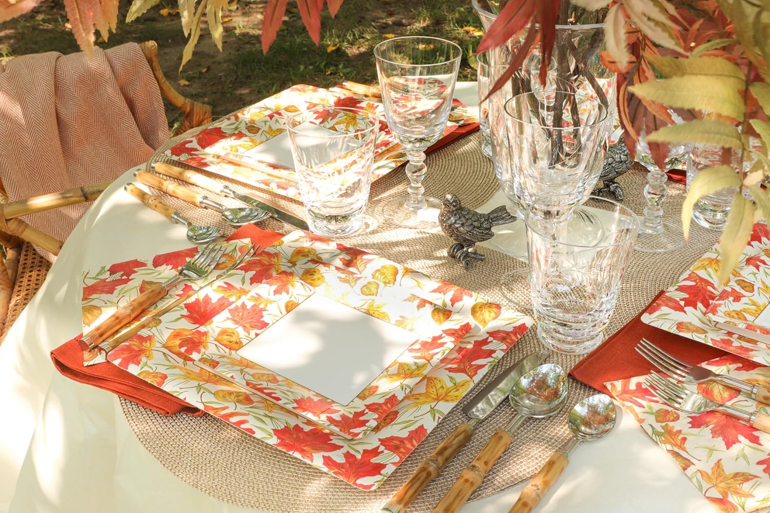 Caspari Woodland Leaves Square Paper Dinner Plates in Ivory - 16 Count
