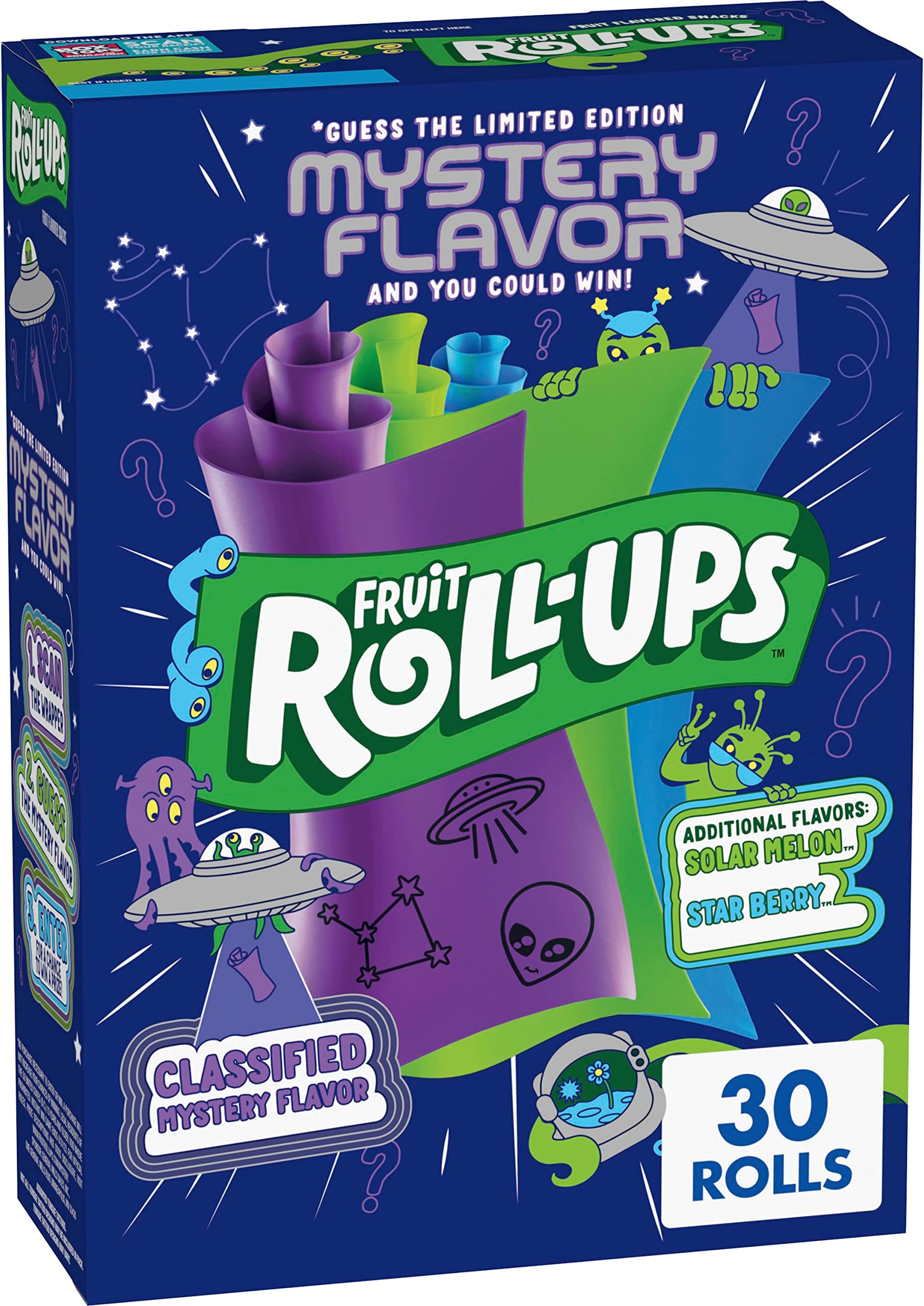 Betty Crocker Fruit Roll-Ups Fruit Flavored Snacks, Mystery Flavor, Solar Melon, and Star Berry, 30 ct