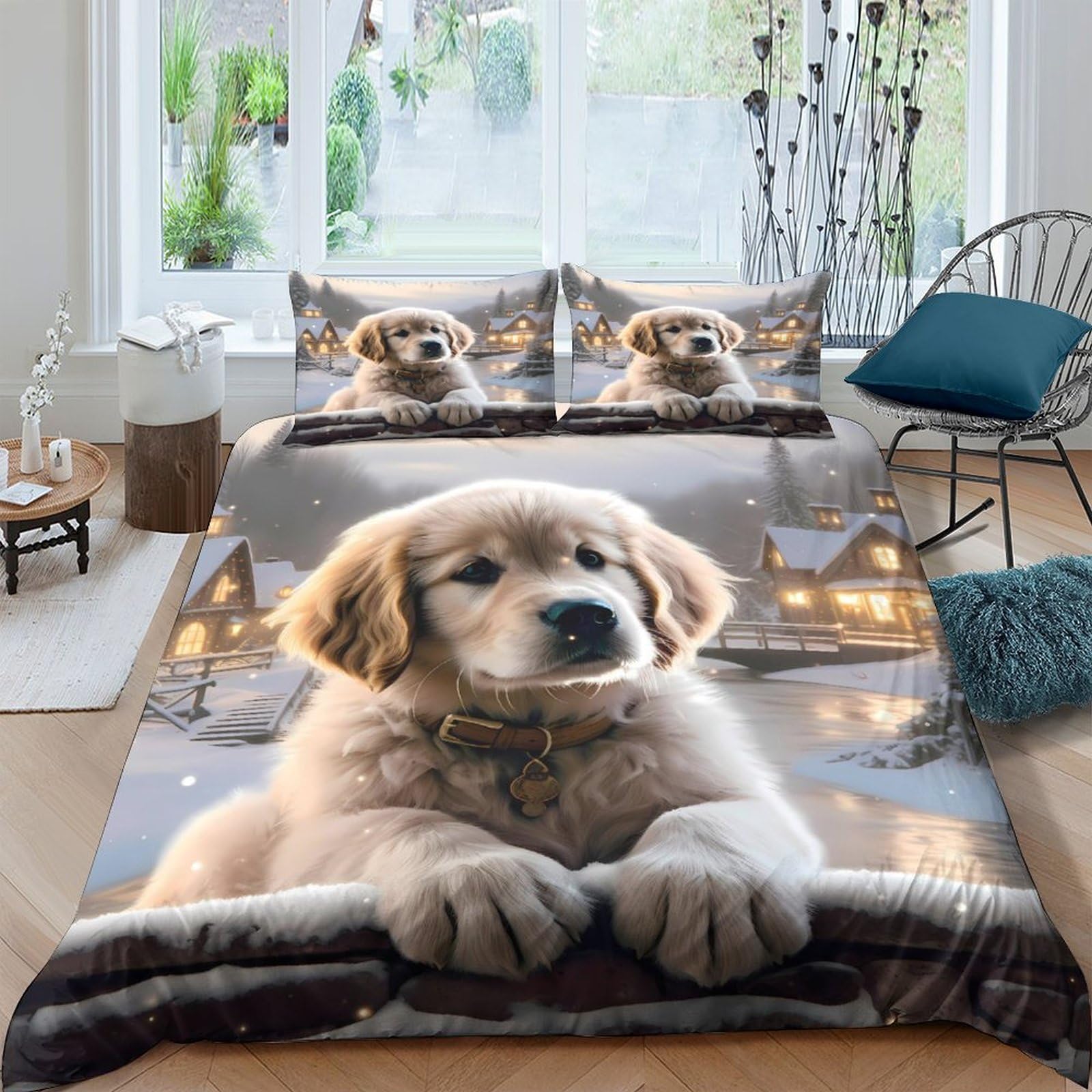 Ctjqhvkz Style-4 3D Printed Golden Retriever Puppy Fitted Sheet Microfiber Soft Bed Cover Animal Pattern Bedroom Decor Single（135X200cm）