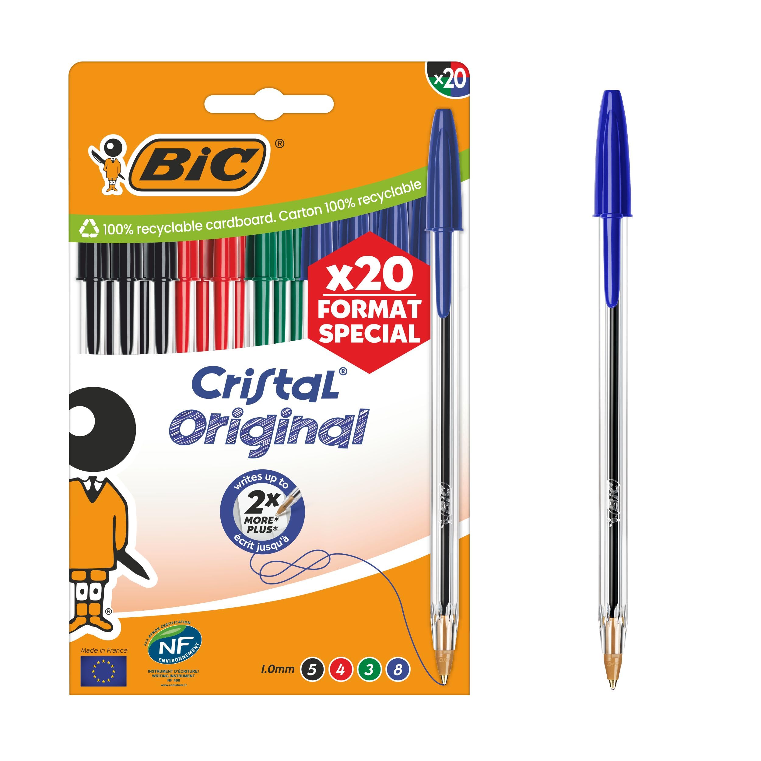 BIC Cristal Original Bolígrafos Punta Media (1,0 mm) – Colores Surtidos, Blíster de 20 Unidades, para escritura suave, certificados con etiqueta ecológica