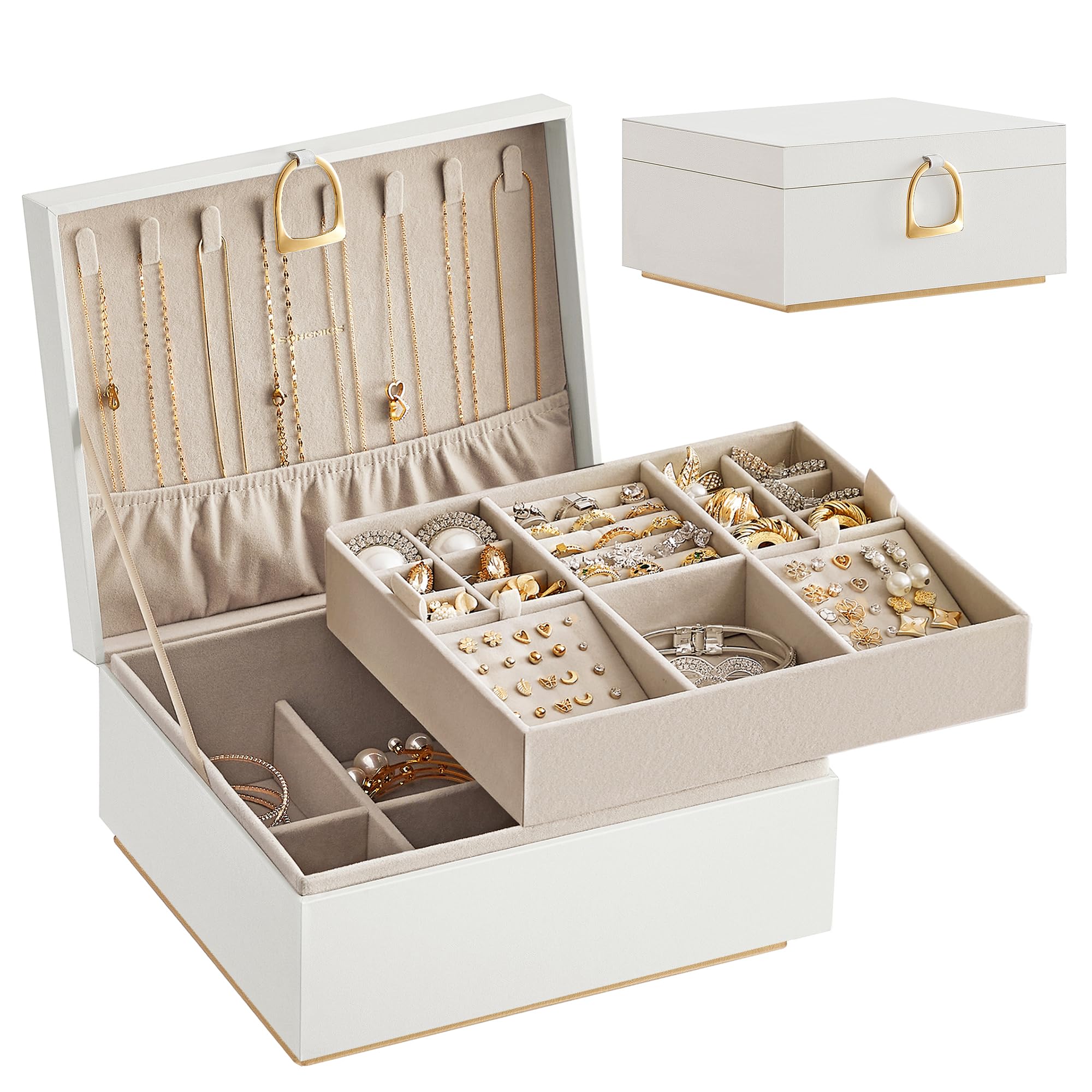 SONGMICS 2-Layer Jewellery Box, Jewellery Organiser with Handle, Removable Jewellery Tray, Jewellery Storage, Floating Effect, 20.5 x 24 x 11 cm, Gift Idea, White JBC165W01
