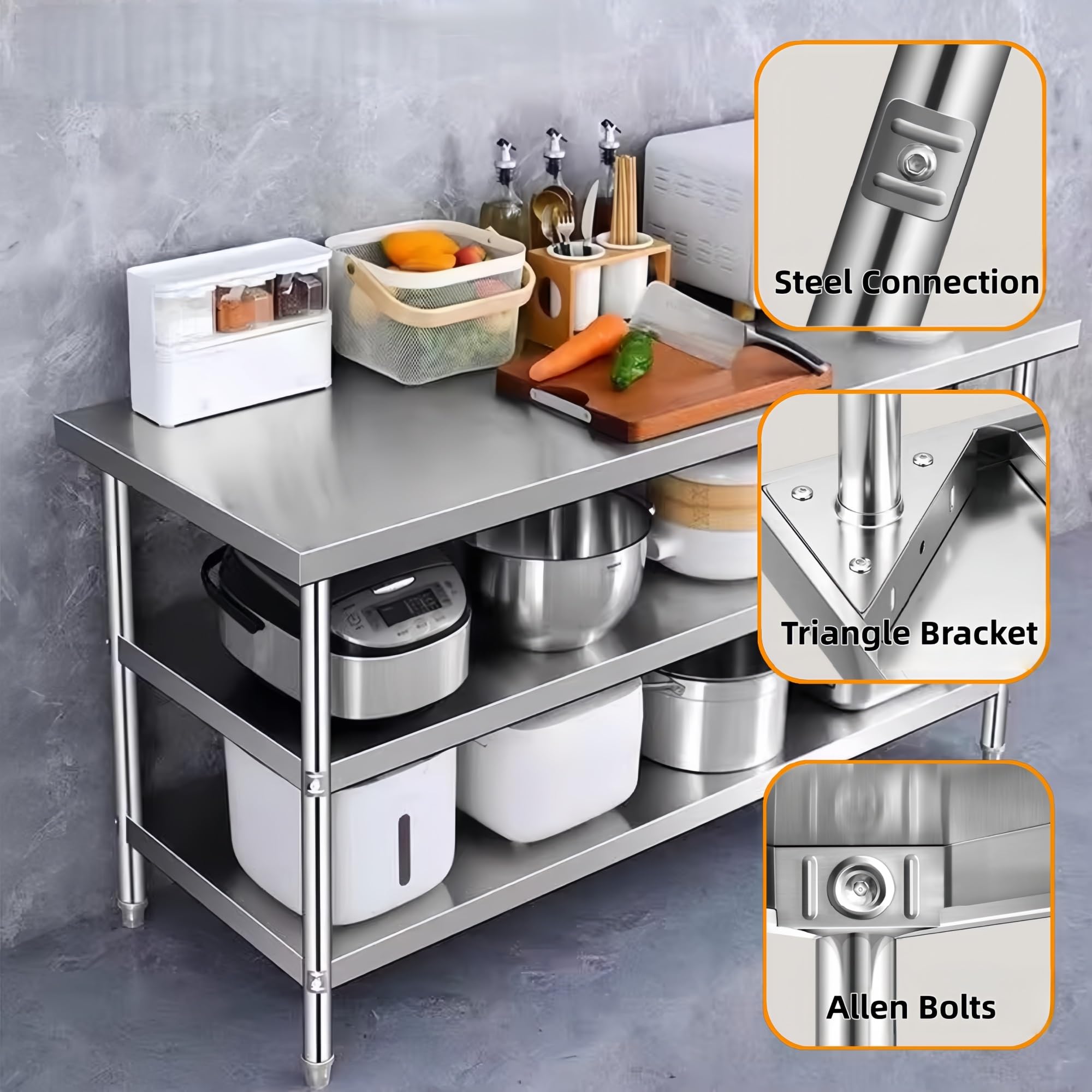 Tavolo di preparazione in acciaio inossidabile, tavolo da lavoro da cucina resistente con ripiano inferiore, postazione di lavoro commerciale per ristorante, garage, barbecue all'aperto (100,1 x 80 x
