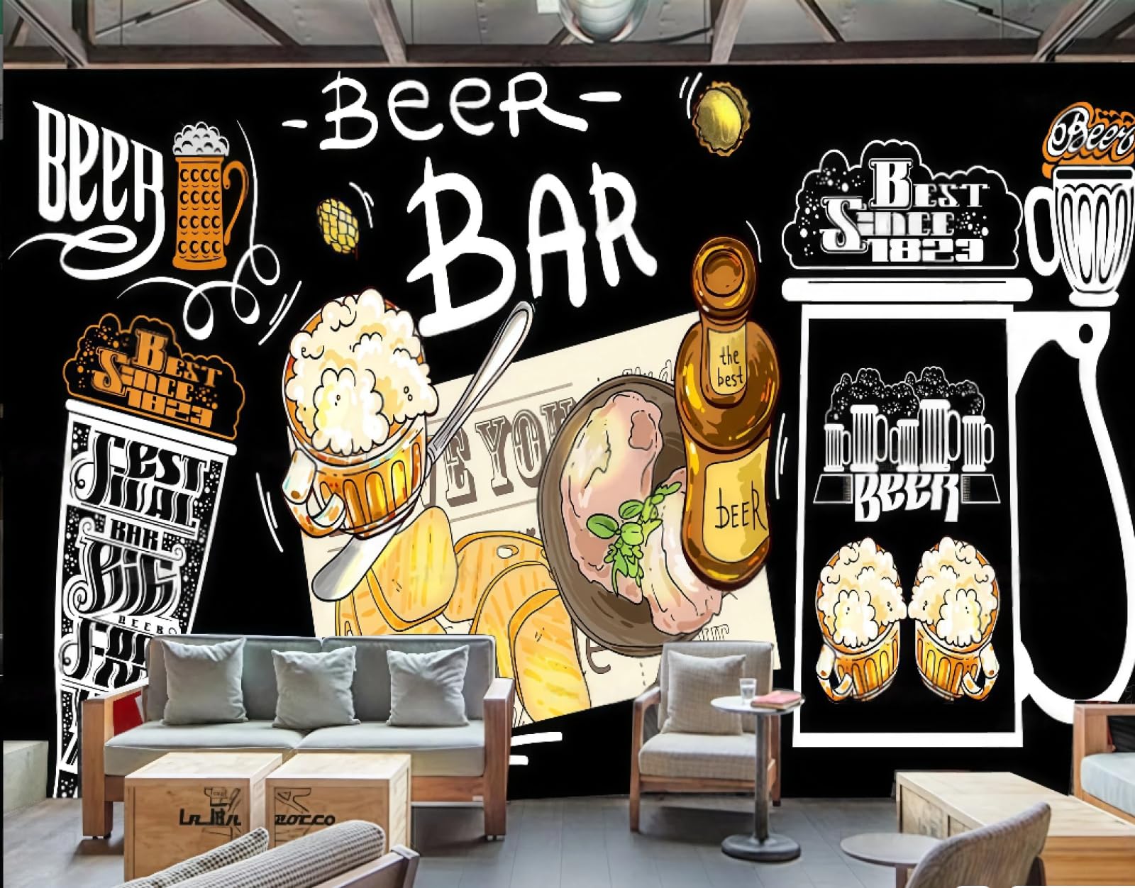 Xdoubao 3D Wallpaper Blackboard Hand-Painted English Letters Bar Theme Drink Dessert Shop Afternoon Tea Western Restaurant Background Wall Wallpaper Coffee Shop Mural,,150X105cm