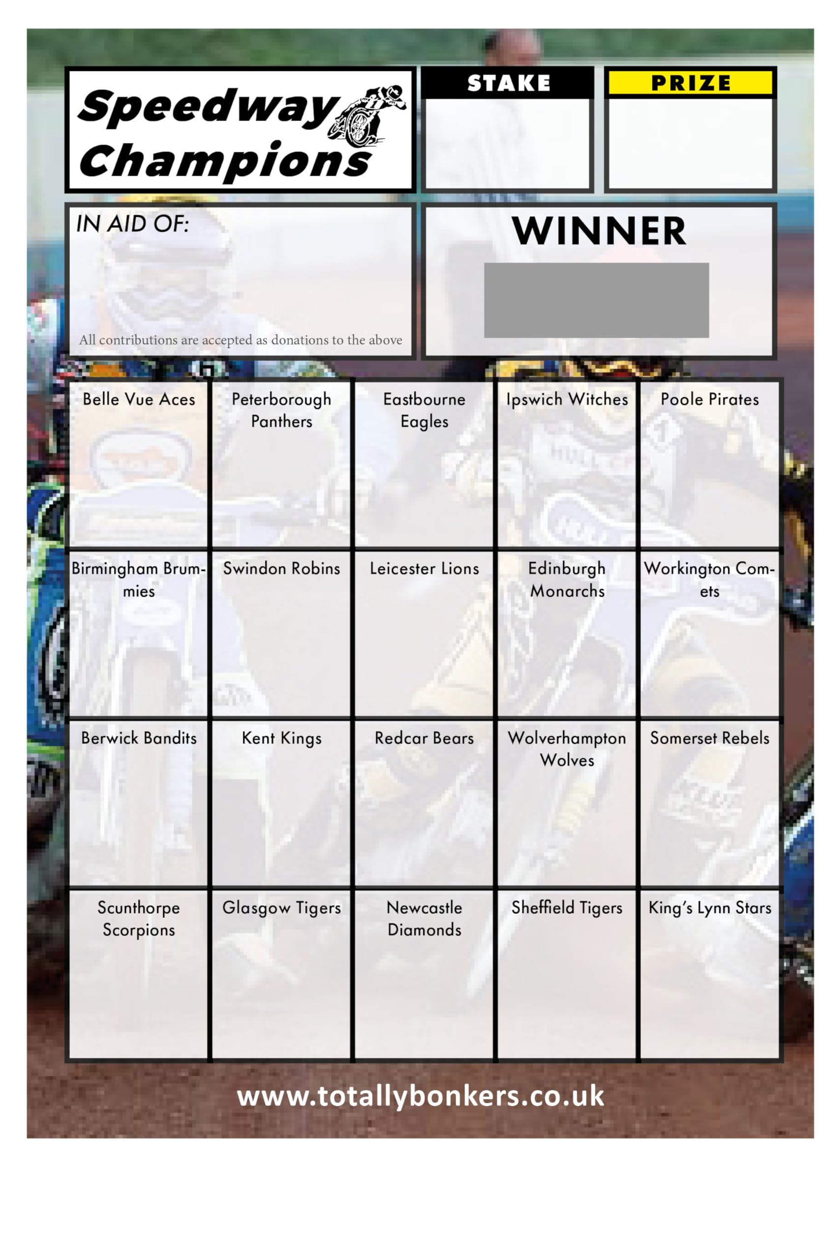 Totally Bonkers - Speedway Fundraising Scratch Cards - 20 Square - A6 (148x105mm) - 10 Pack - TB0053 - Blind Card