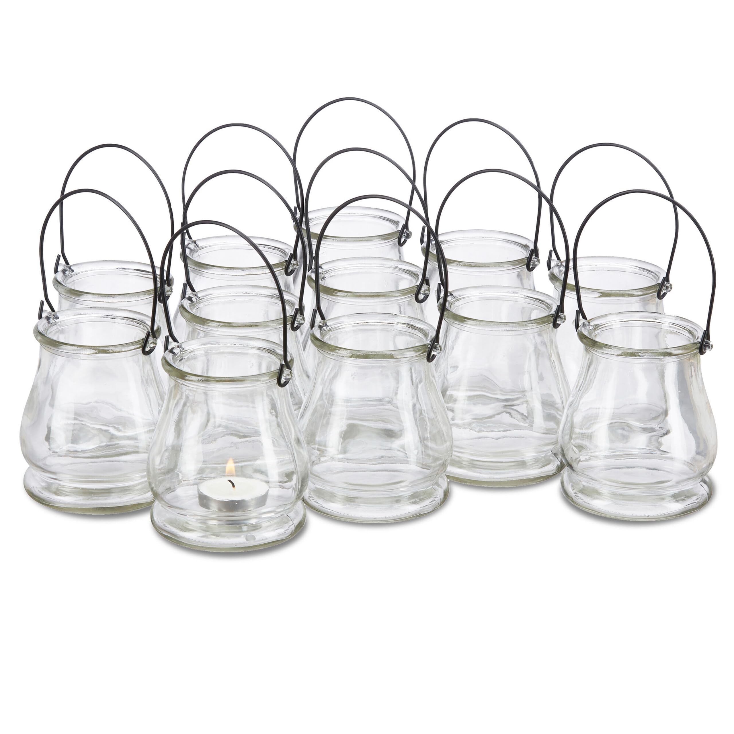 Set de 48 Portavelas con Asa Decorativos para Interior y Exterior, Cristal, Transparente, 10 cm de Alto