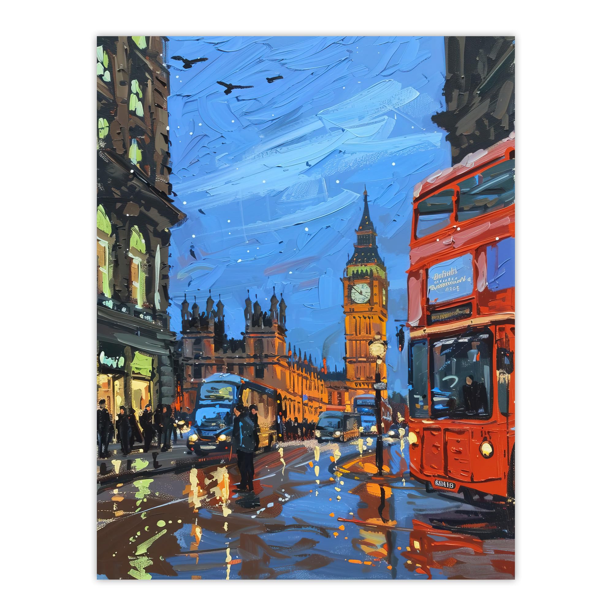 Artery8 - Wall Art Print - Big Ben London Rainy Day Painting - Blue - W18" x H24"