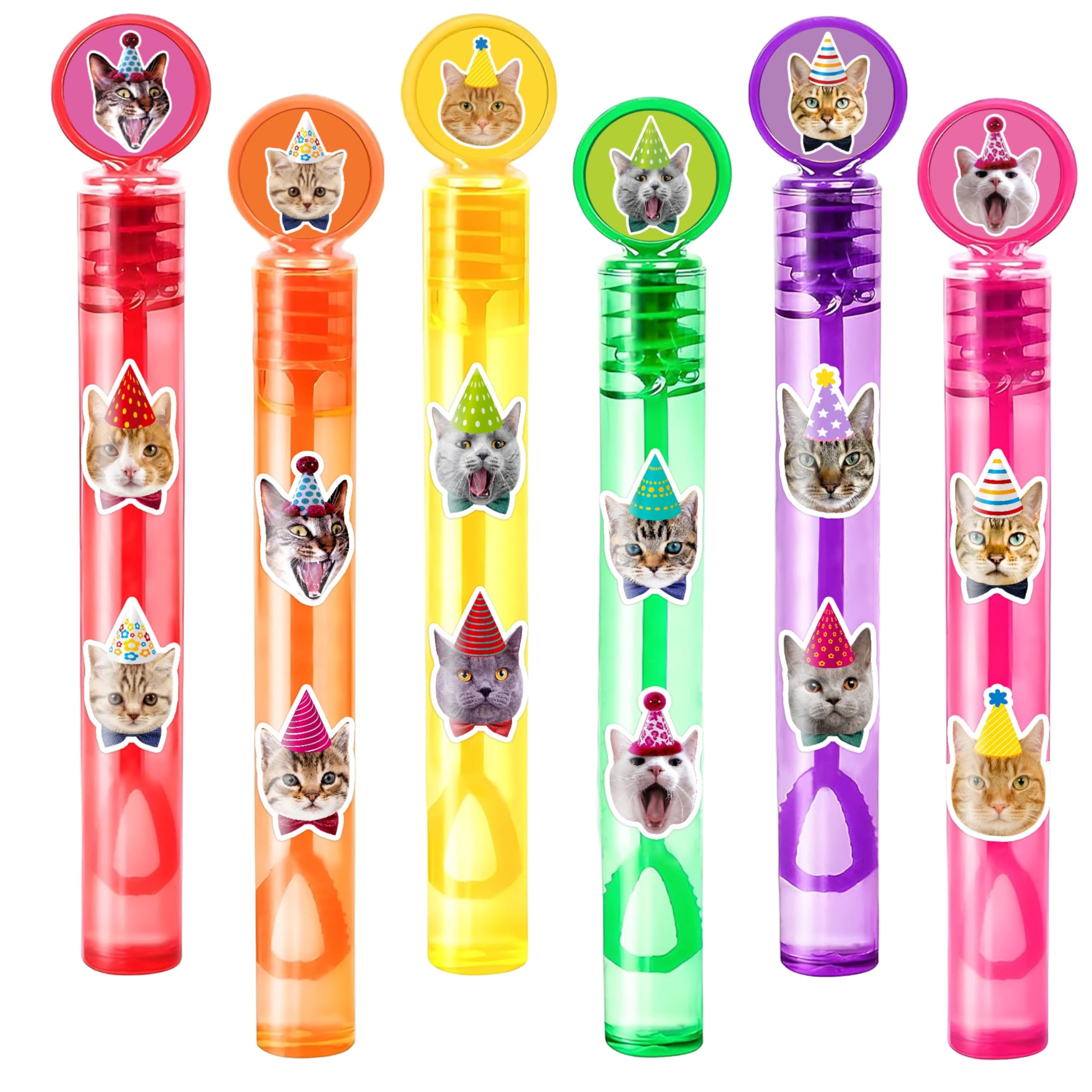 24PCS Funny Cat DIY Bubble Wands with 96PCS Stickers - Party Favor for Goodie Bags, Pinata Stuffers, Mini Bubble Bulk Farm Birthday Supplies, Toys Gifts, Class Prizes for Toddlers, Boys & Girls