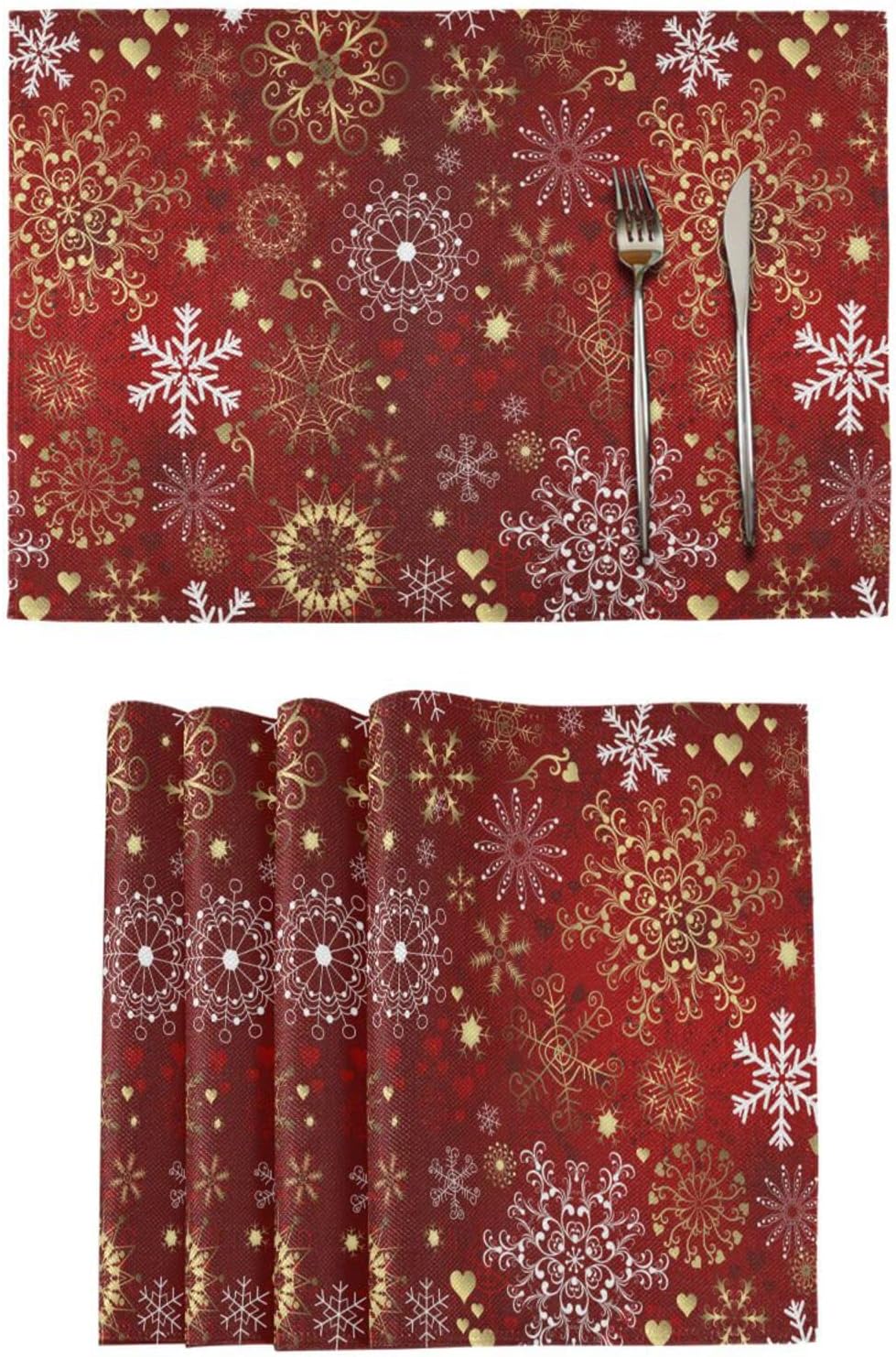 Christmas White Snowflake Placemats Set of 6 Washable Non-Slip Burlap Table Mats Heat Resistant Place Mats for Home Kitchen Dining Party 12 X 18 in