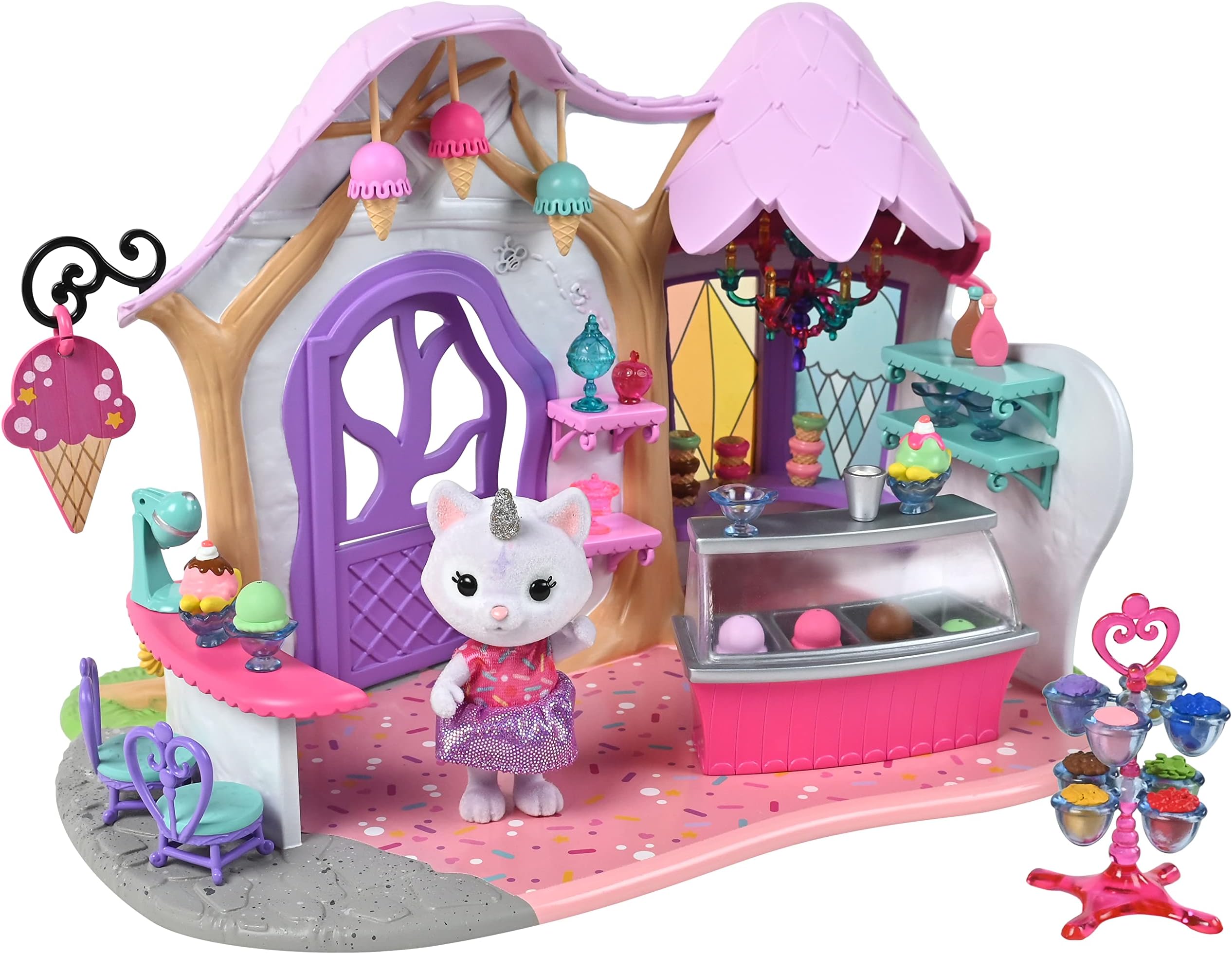 Sunny Days EntertainmentHoney Bee Acres Rainbow Ridge Crystal’s Ice Cream Shop – 36 Furniture Accessories with Exclusive Unicorn Figure | Fantasy Dollhouse Playset | Pink Pretend Play Toys for Kids