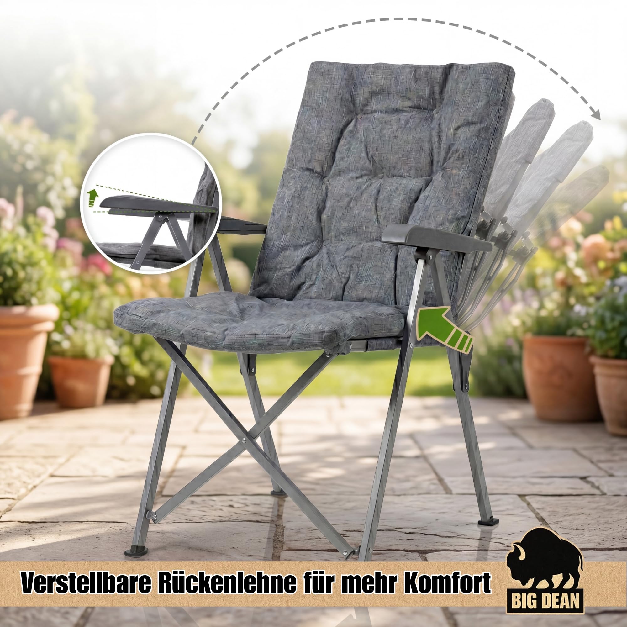 BigDean Lot de 2 chaises de camping pliantes, réglables en 4 positions, jusqu'à 150 kg, rembourrées épaisses, dossier haut, chaise de pêche pour camping, jardin, balcon