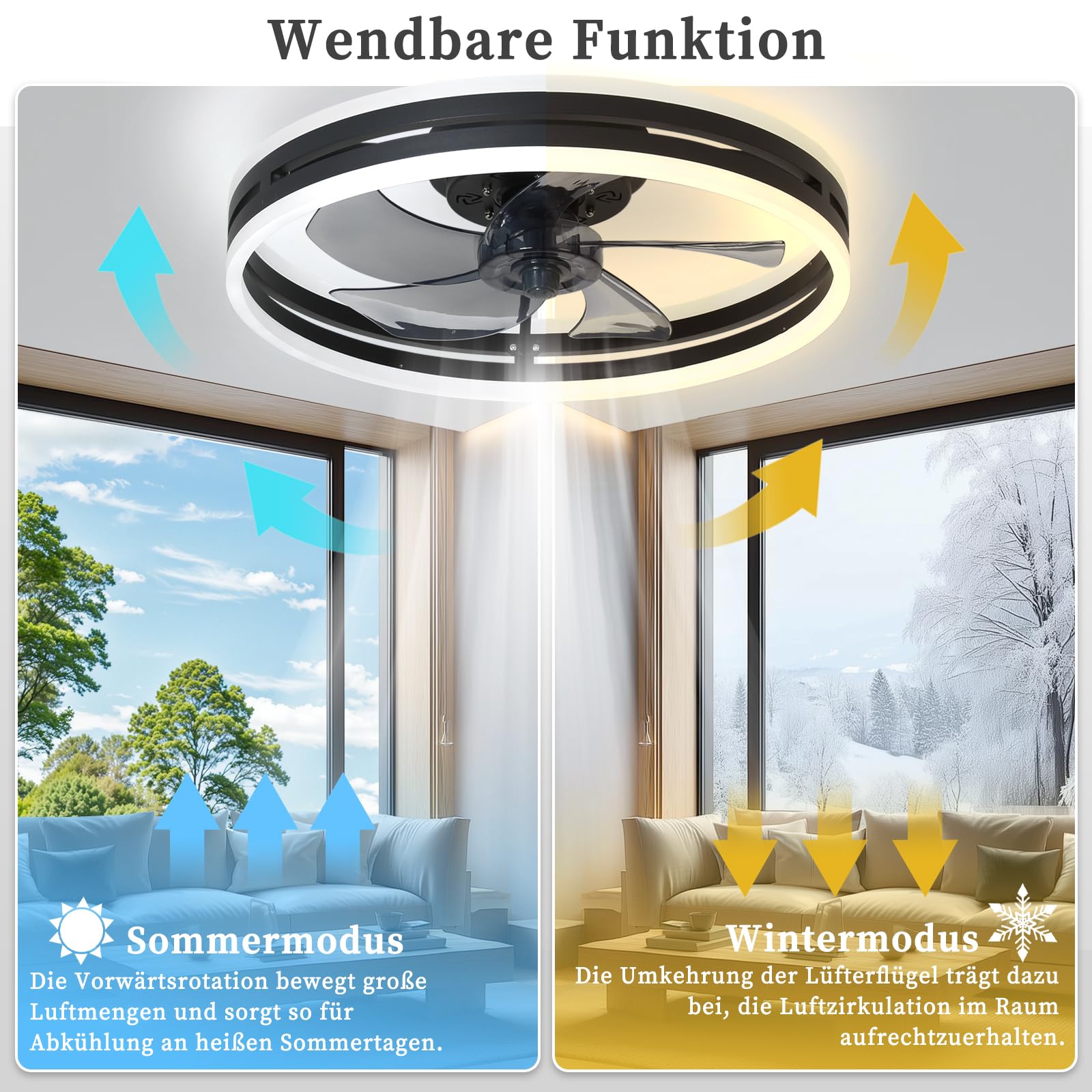 Cichy wentylator sufitowy z oświetleniem, 50 W, ściemniana, lampa sufitowa z pilotem zdalnego sterowania i aplikacją, 6 prędkości, z wentylatorem, timerem, do sypialni, salonu, kolor czarny, 40 cm