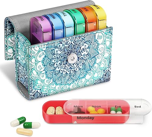 FINPAC Organizadores semanales de píldoras 4 veces al día estuche abierto de piel sintética pastillero de viaje recordatorio de medicina vitamínica