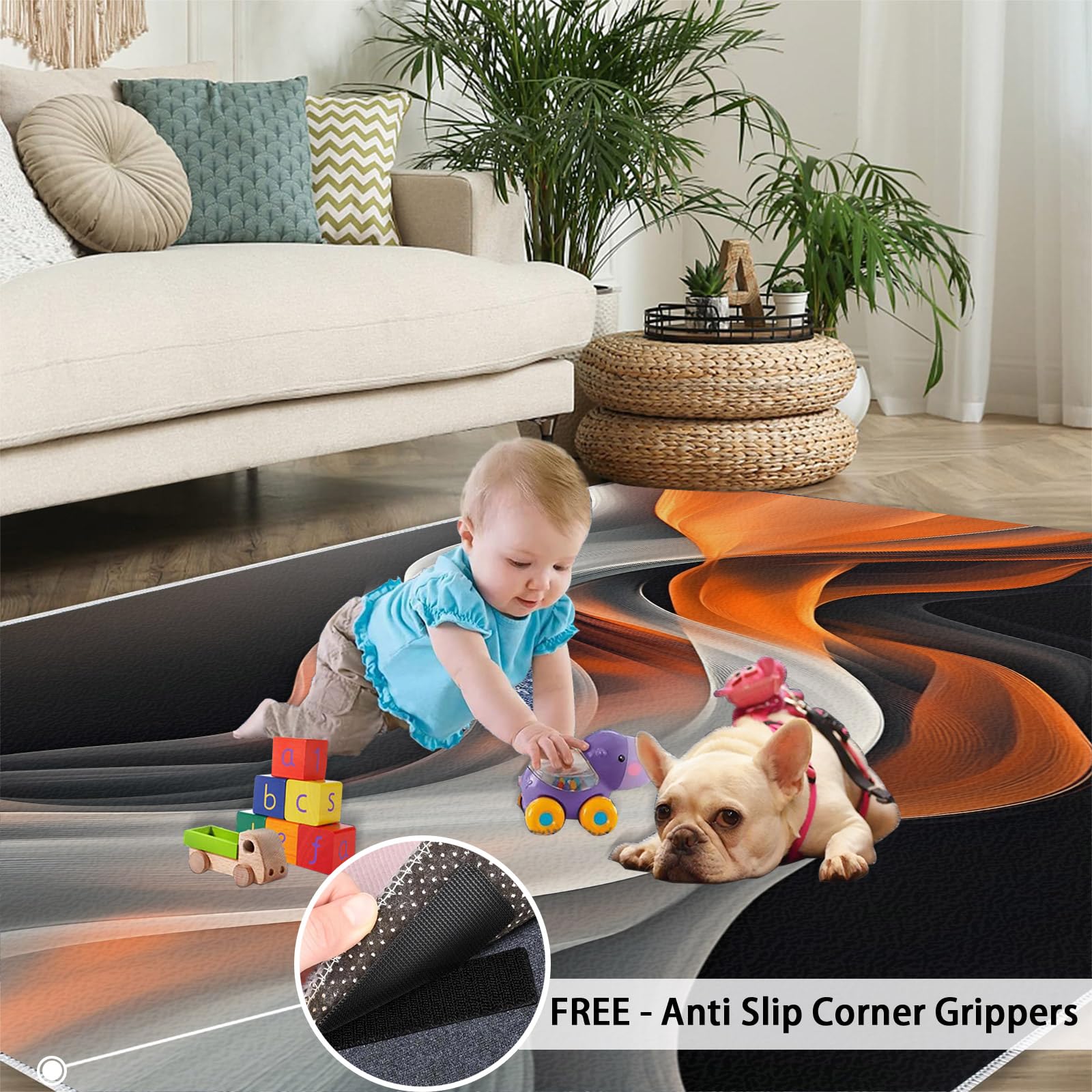 Tapis motif vagues abstraites pour salon, orange et gris, motif ligne fumée, antidérapant, lavable, pour chambre à coucher, cuisine, salle à manger, décoration - 160 x 230 cm