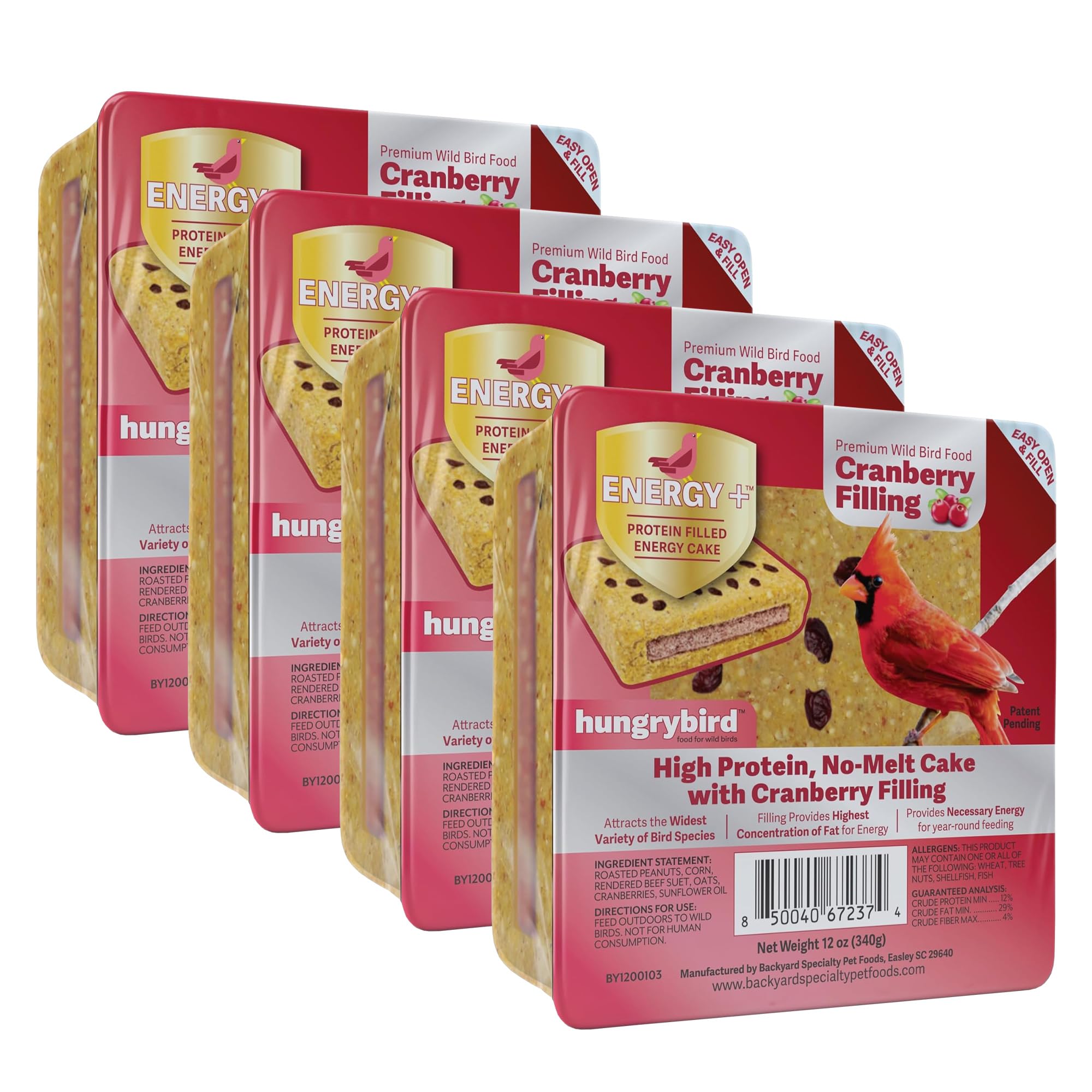 Energy+ No-Melt, High-Protein Suet Cake with Cranberry Filling for Outside Wild Bird Feeders, 4 Pack