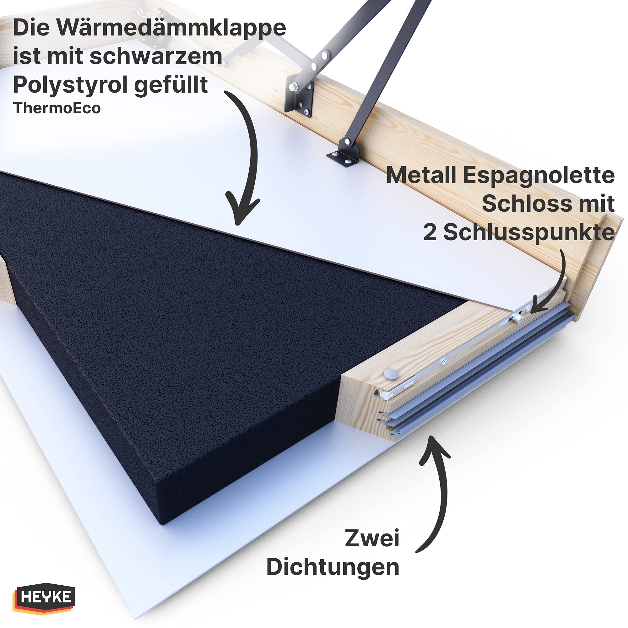 Pro-Passiv HEYKE W1 Bodentreppe mit Zwei Handläufe + Isolierschaum + 3 Dichtungen | U-Wert 0,36 W/M2*K | Luftdichtheitsklasse 4 | Assistenz-Federmechanismus | Möbelqualität | Spart Energiekosten