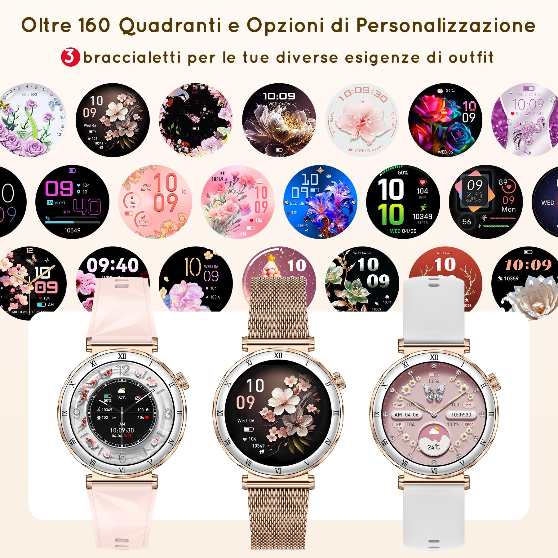 Smartwatch Donna 1,19" AMOLED Orologio con Chiamate Bluetooth, Smart Watch Rotondo con Monitoraggio Sonno/SpO2/FC,120+ Modalità Sportive, Pedometer, IP68 Android/iOS, 3 Cinturini (Oro rosa)