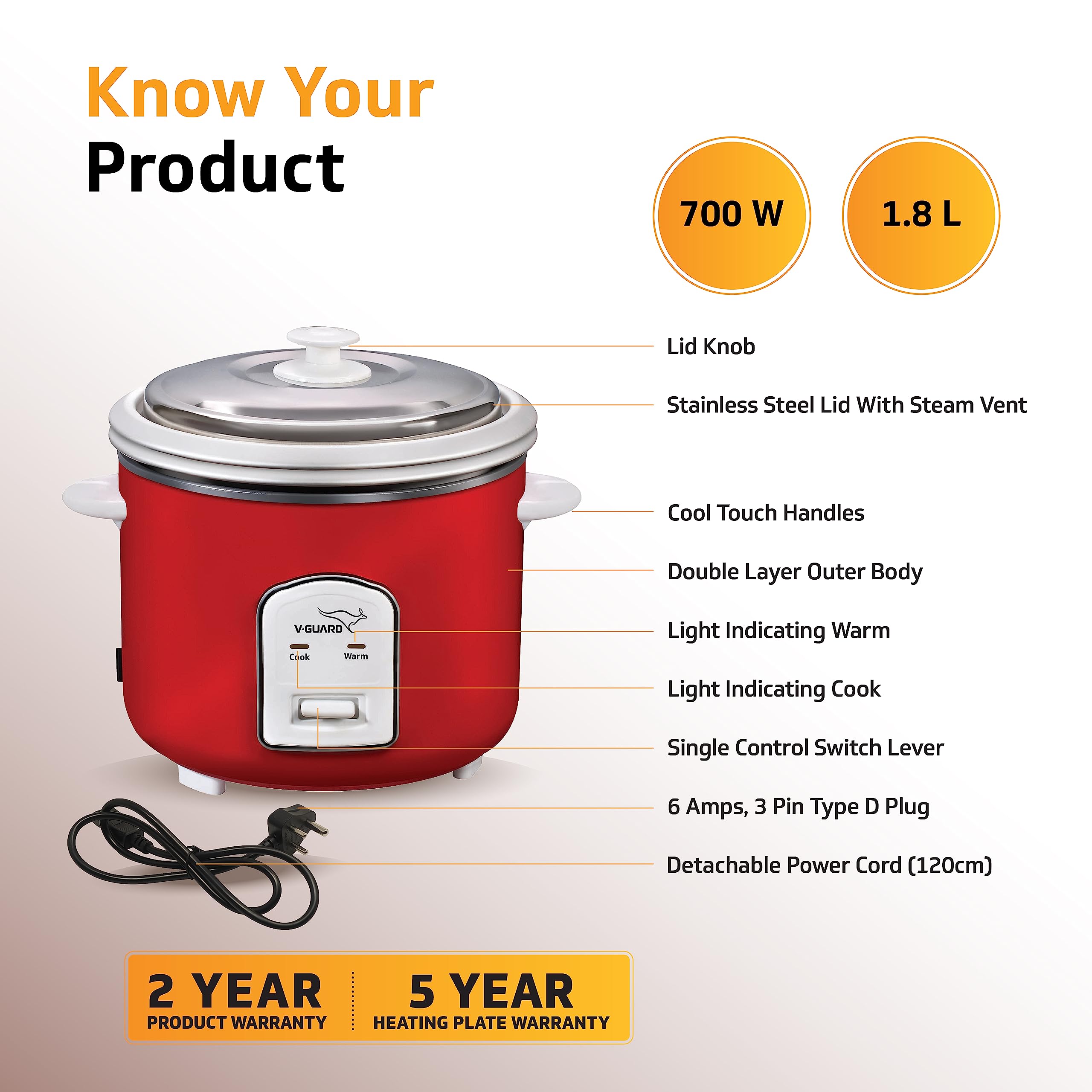 V-Guard Rice Cooker - 1.8L, 5 Year Warranty -2