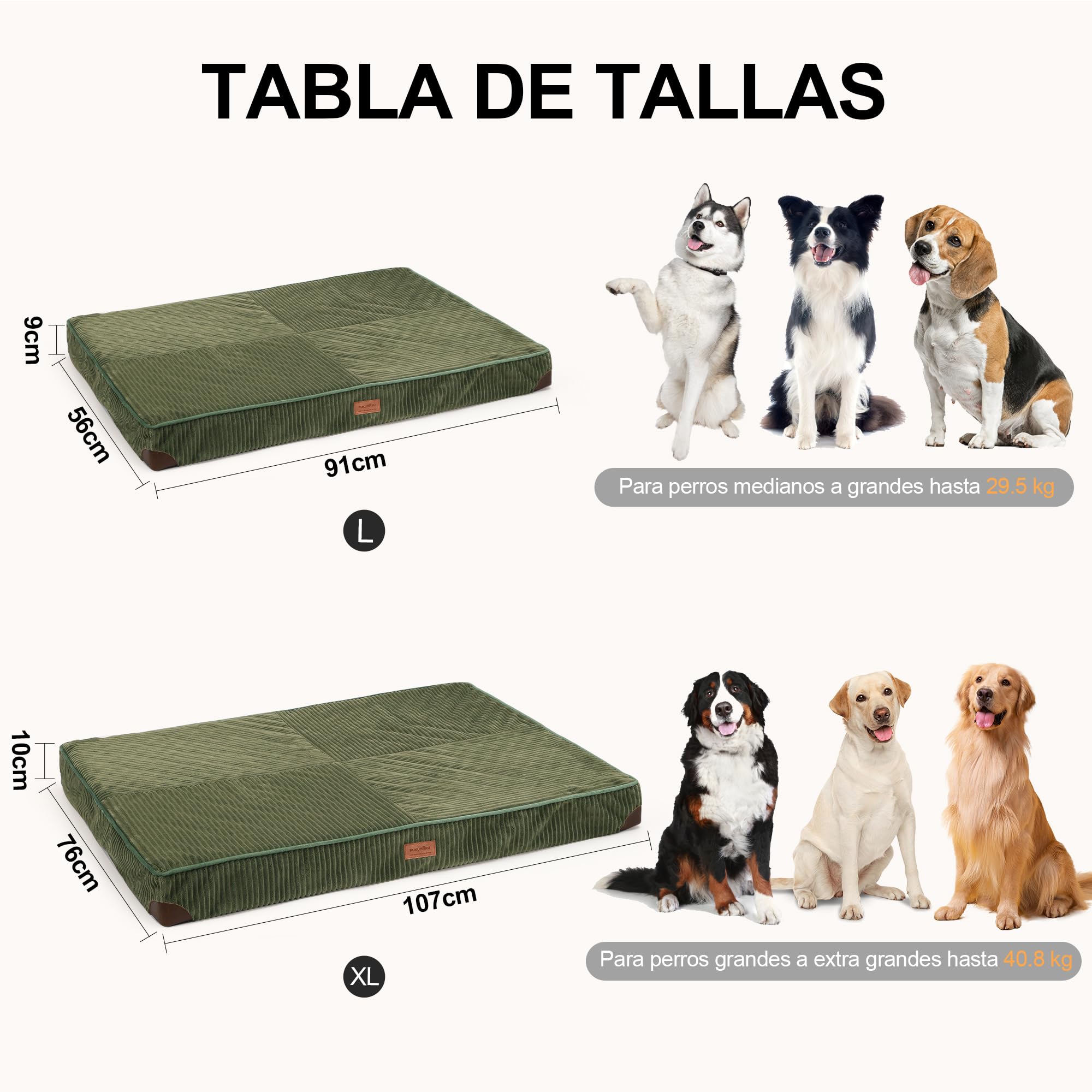 FUKUMARU Cama para Perros Grande Ortopédica, 91x56x9cm, Colchón Lavable para Perro, Sofá Perro Desmontable, Fondo Antideslizante, Tejido Impermeable, Verde